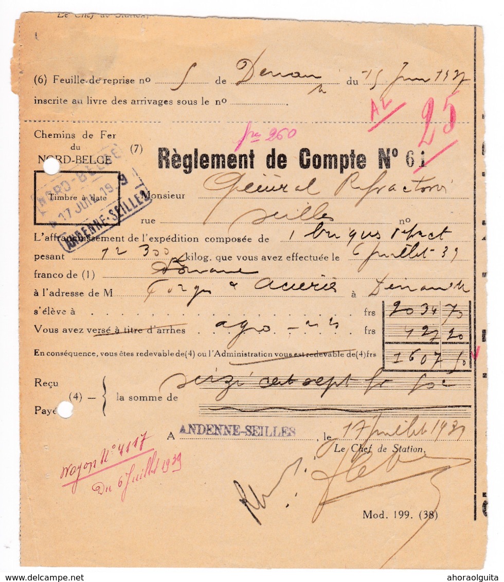 29/911 -- NORD-BELGE - Document Règlement De Compte 1937- 2 Cachets Différents De ANDENNES-SEILLES - Peu Commun - Nord Belge