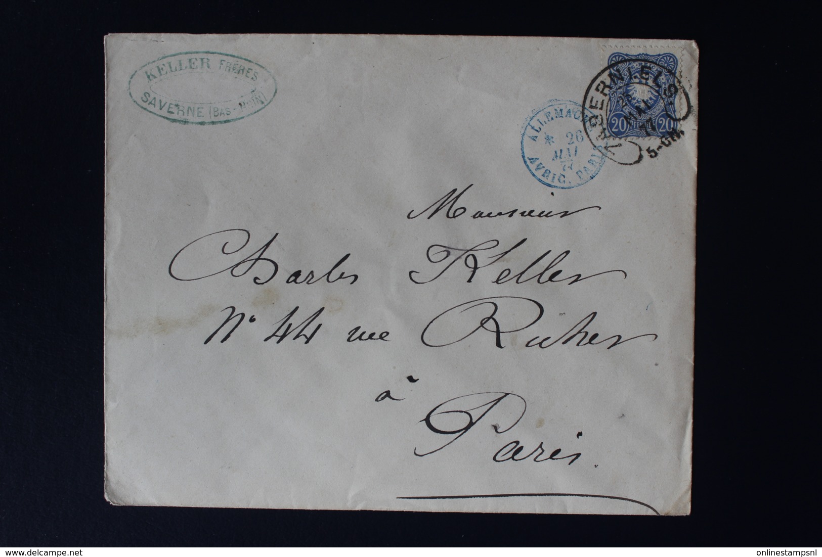 DR  COVER SABERNIELS ELSAS SAVERNE HUFEISENSTEMPEL -> PARIS 1877 - Briefe U. Dokumente