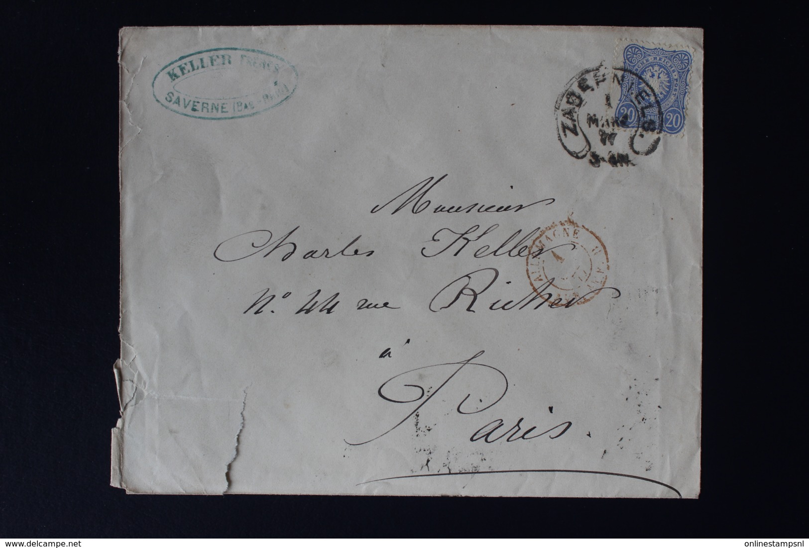 DR  COVER SABERNIELS ELSAS SAVERNE HUFEISENSTEMPEL -> PARIS 1877 - Briefe U. Dokumente