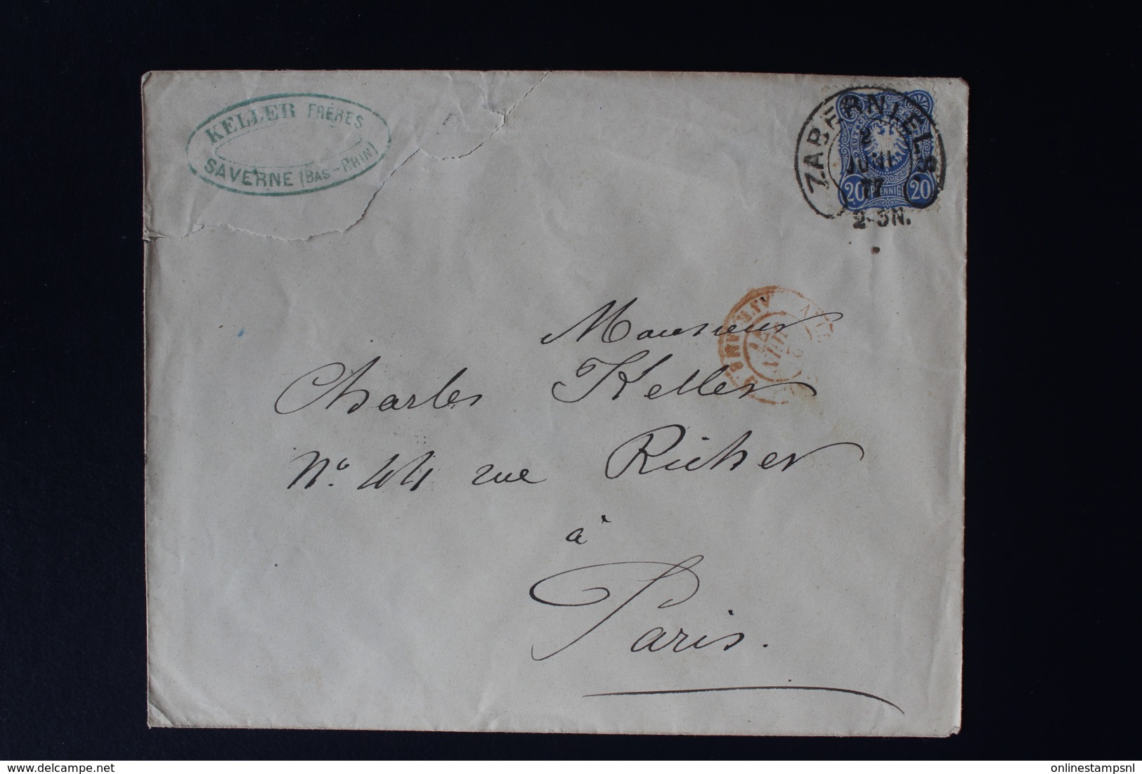 DR  COVER SABERNIELS ELSAS SAVERNE HUFEISENSTEMPEL -> PARIS 1877 - Briefe U. Dokumente