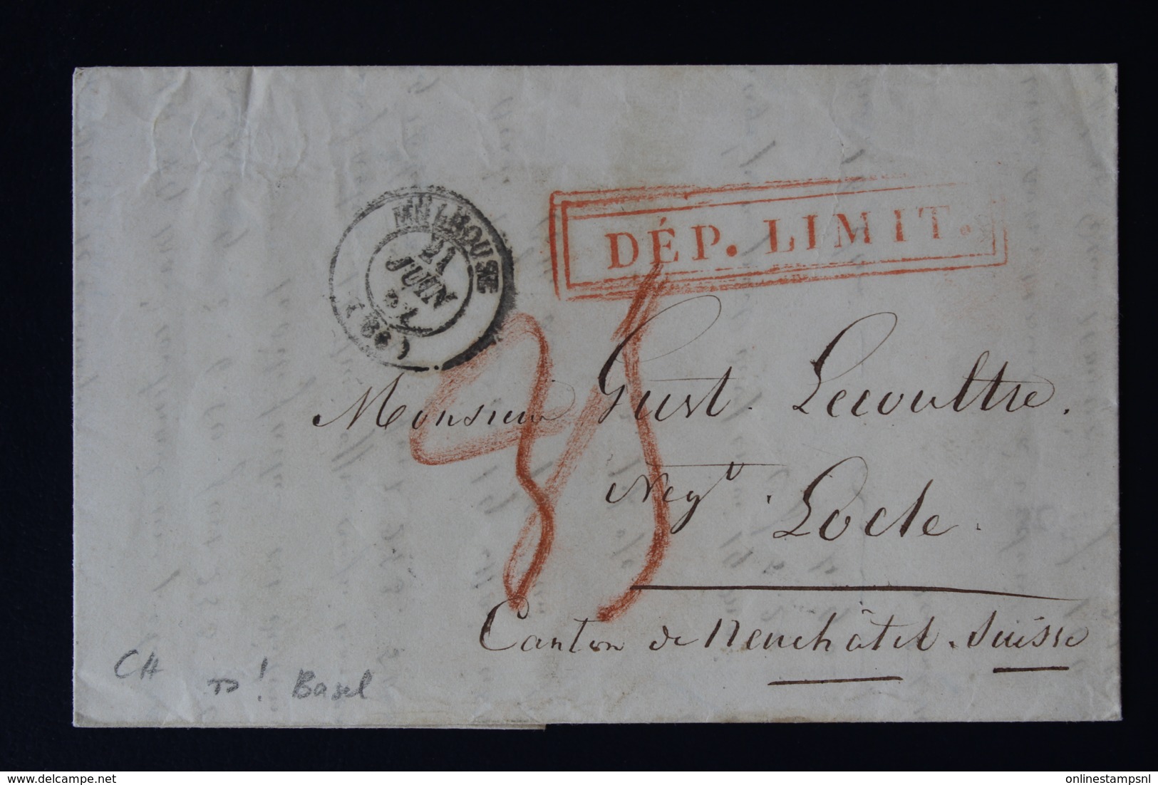 Complete Letter Mulhouse LOCLE 1852 Red Boxed DEP. LIMIT. RRR CDS BASEL - ...-1845 Vorphilatelie