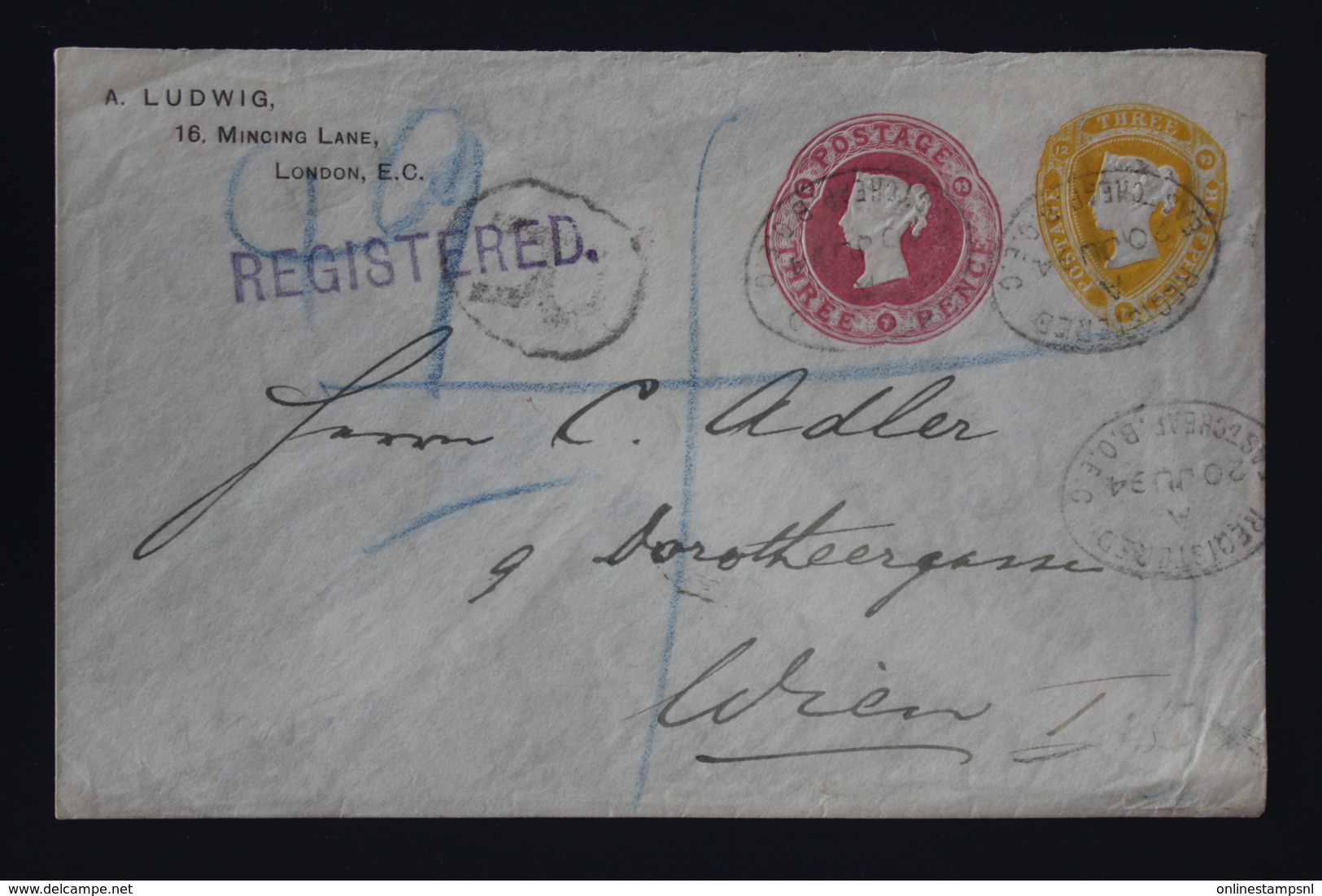 Great Britain: 1894 Private Issued Cover , 3 1/2 + 3 D Embossed Registered To Vienna - Postwaardestukken