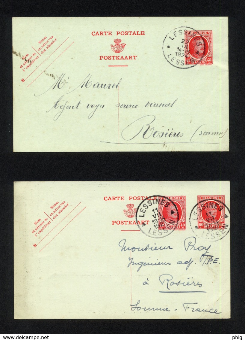 "2 ENTIERS CARTES POSTALES COMMERCIALES POUR EXPEDITIONS DE LESSINES (BELGIQUE) VERS ROSIERES ET GUILLAUCOURT (FRANCE)" - Autres & Non Classés