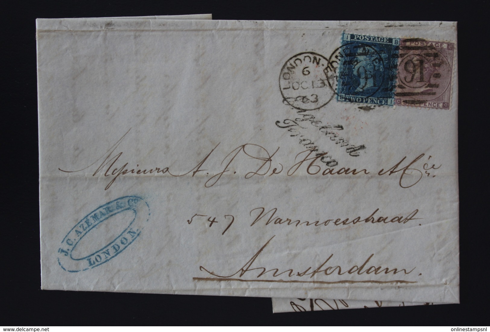 UK Cover SG 45 + 70  1863 London -> Amsterdam Engeland Franco Cursive - Brieven En Documenten