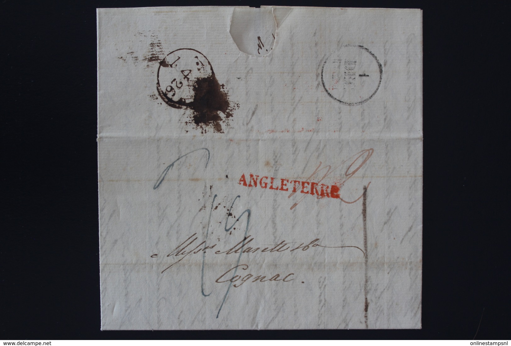 UK Letter London Single Ring  To Cognac  France ANGLETERRE In Red 1-12-1826 - ...-1840 Vorläufer