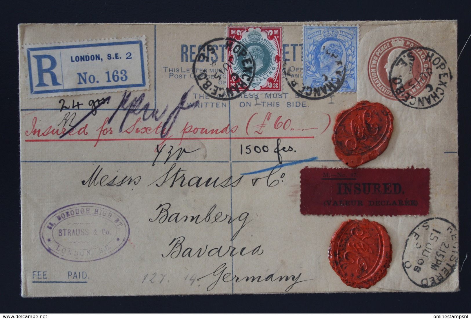 UK Uprated Inland Registered And Insured Cover London -> Bamberg Germany 1908 Double Waxsealed - Material Postal