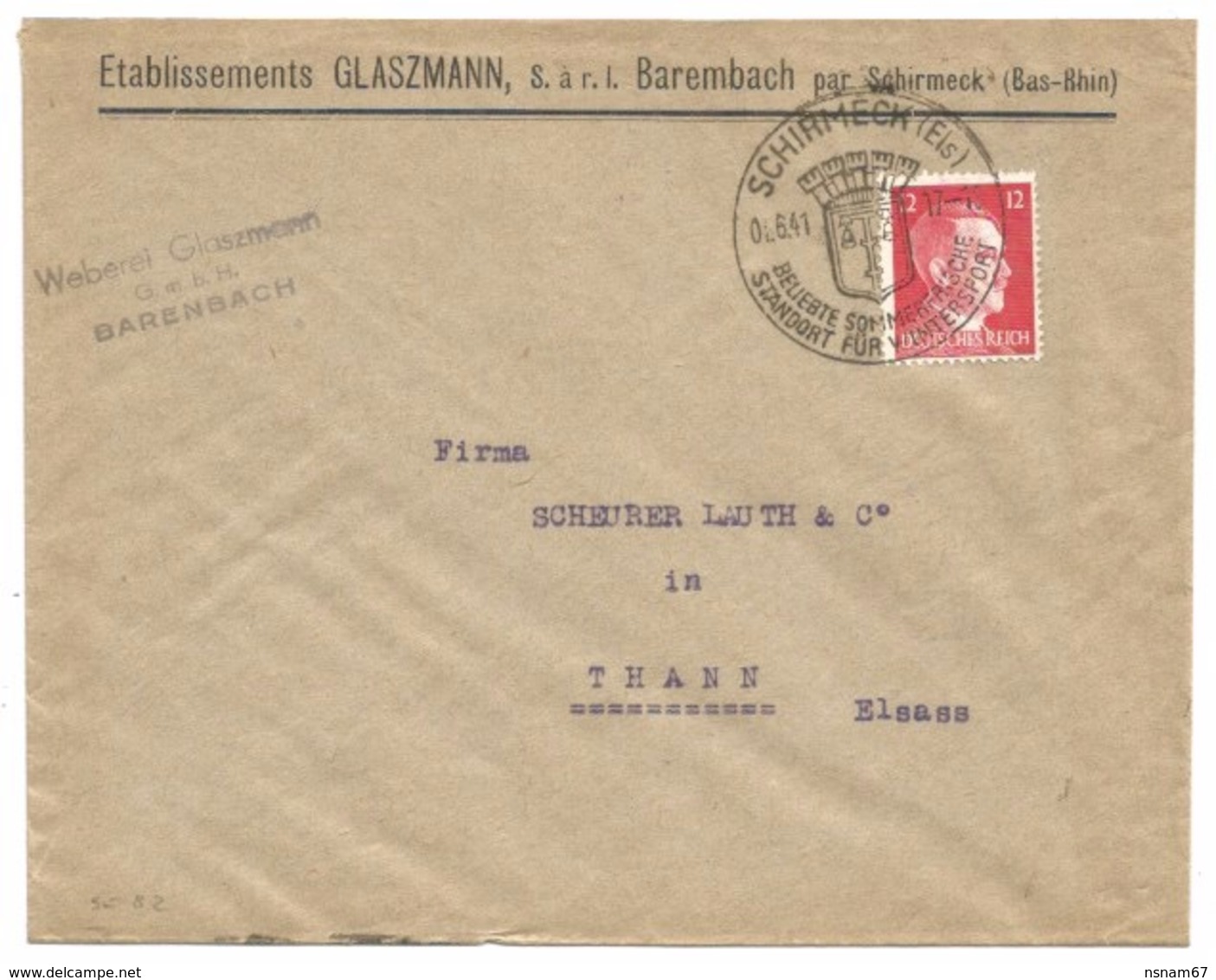 SK82 - SCHIRMECK - 1941 - Cachet Touristique - Entête GLASZMANN Sarl BAREMBACH Par SCHIRMECK - - Lettres & Documents