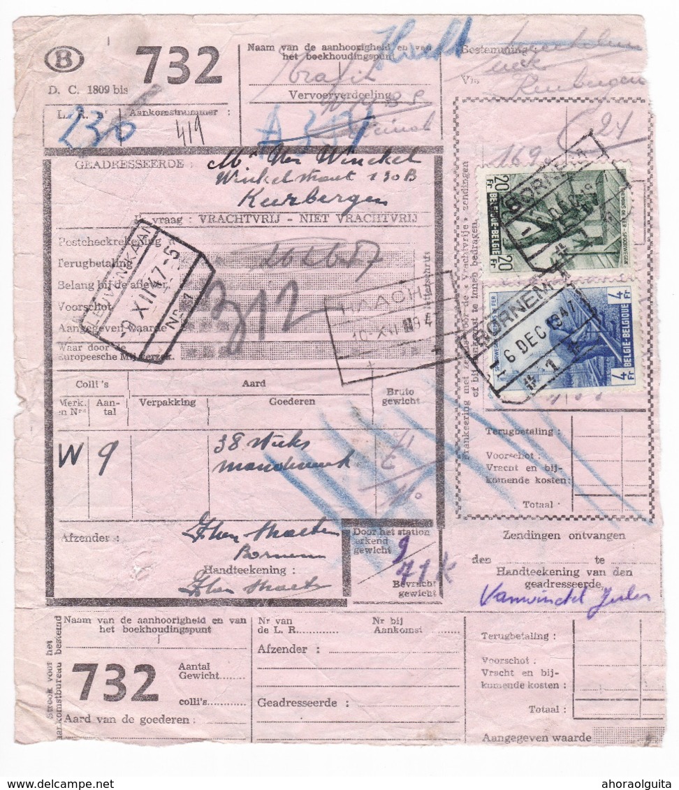 29/916 -- MALINES-TERNEUZEN - Lettre De Voiture 2 Timbres - Cachet De Gare BORNEM 1947 Vers KEERBERGEN Via HAACHT - Autres & Non Classés
