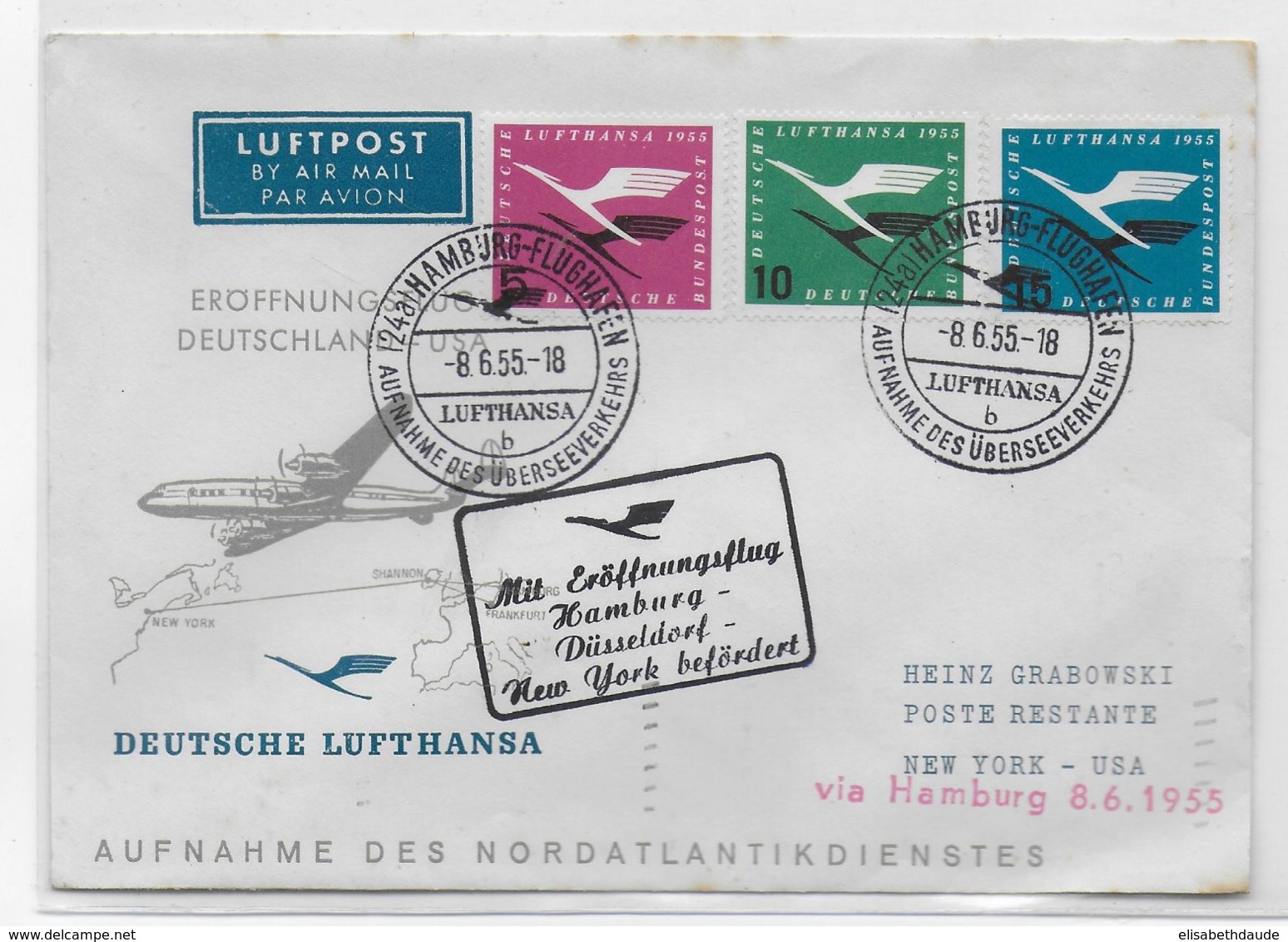 1955 - BRD - TIMBRES LUFTHANSA Sur ENVELOPPE FDC REOUVERTURE De La LIGNE "DEUTSCHLAND - USA" - Erst- U. Sonderflugbriefe