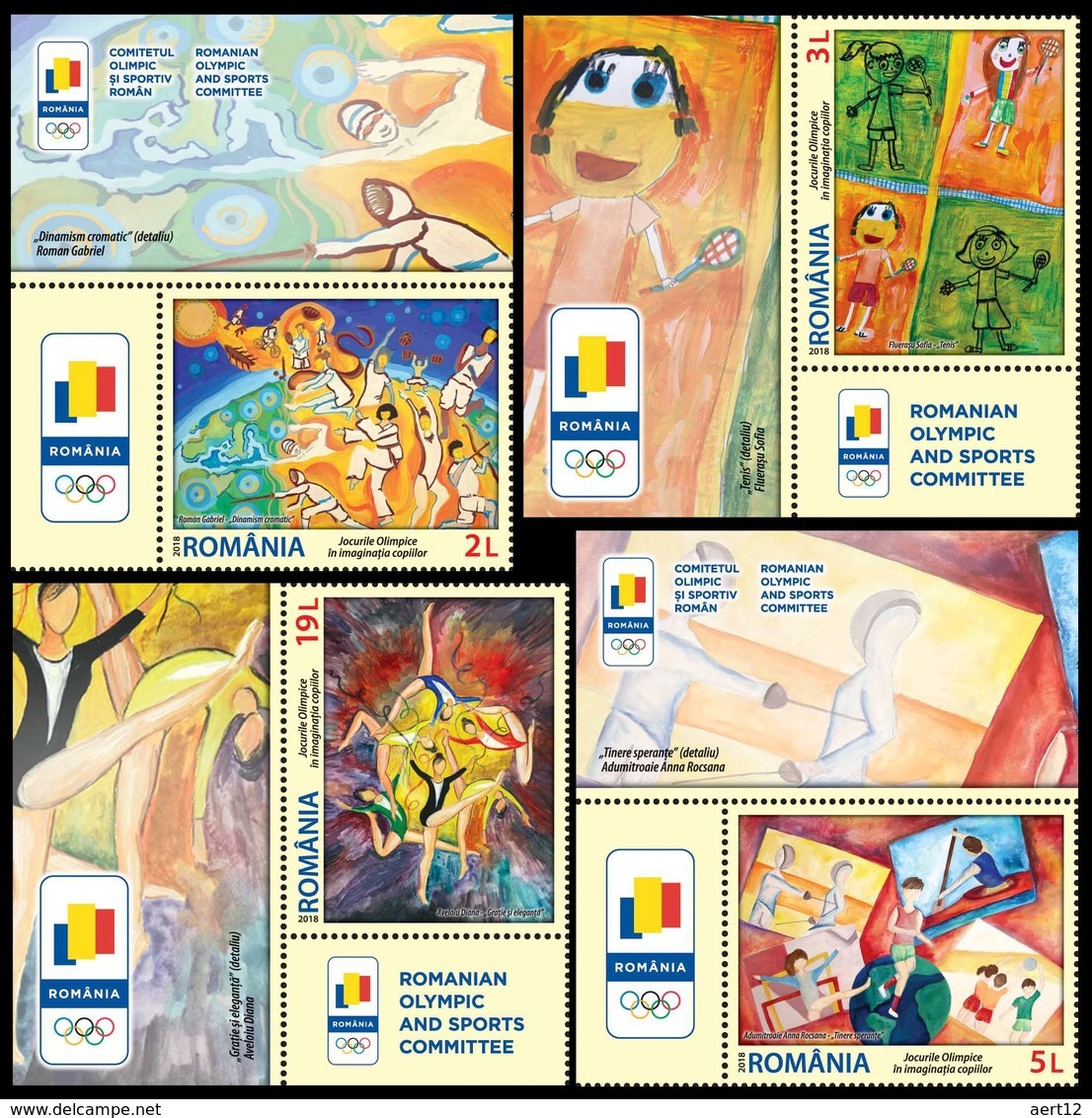 ROMANIA, 2018, OLYMPIC GAMES IN CHILDRENS IMAGINATION, Painting, Set Of 4 Stamp + Tab, MNH (**); LPMP 2210 - Unused Stamps
