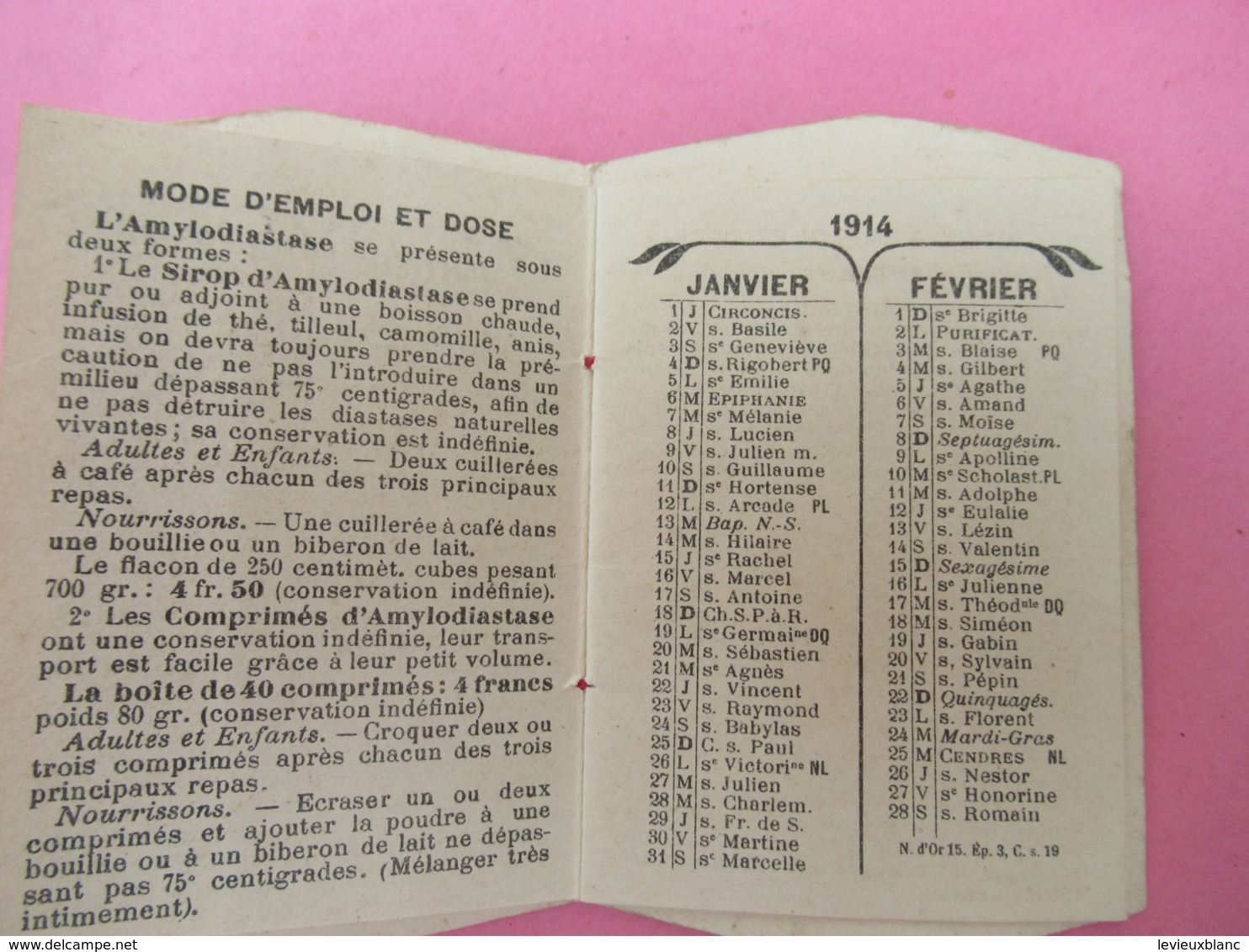 Pt Calendrier De Poche / Offert  Par Le  Laboratoire  Thépénier/Rue Capeyron, Paris/Amylodiastase/1914       CAL453 - Altri & Non Classificati