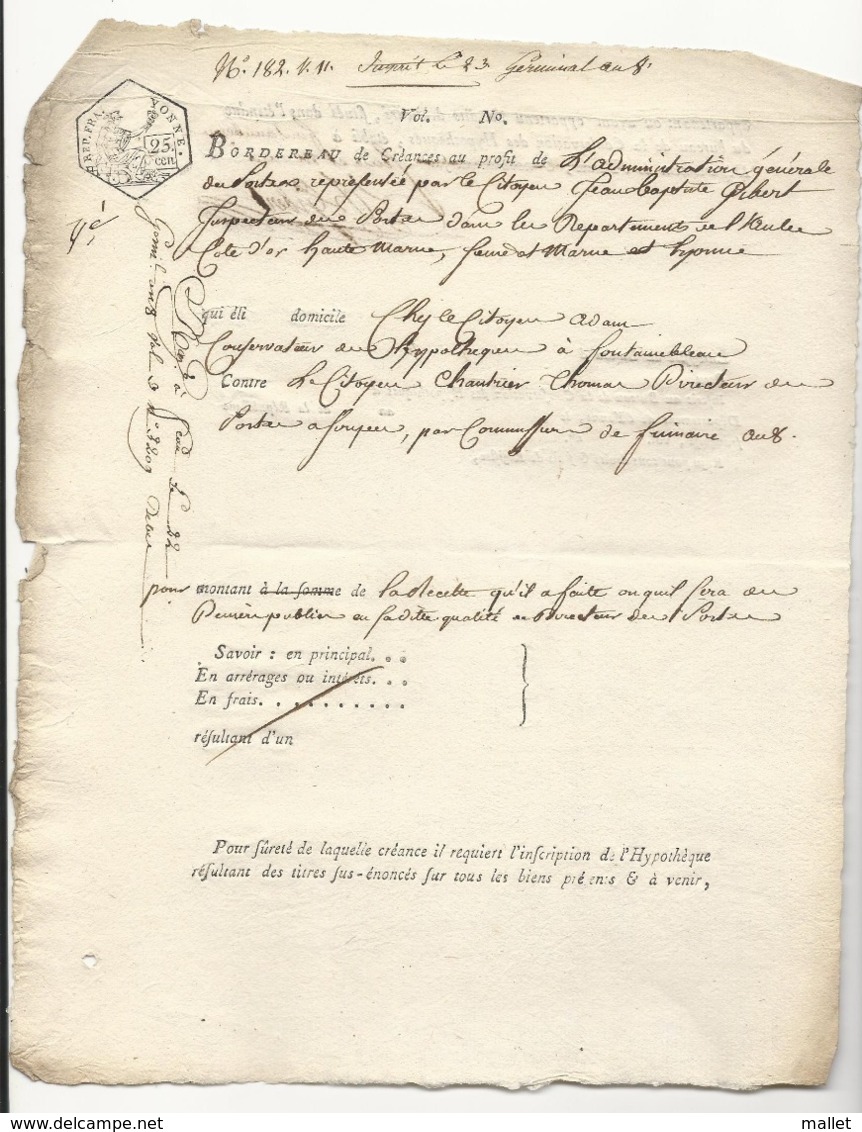 Vieux Bordereau De Créance An 8 - Fontainebleau + Cachet Yonne - ... - 1799