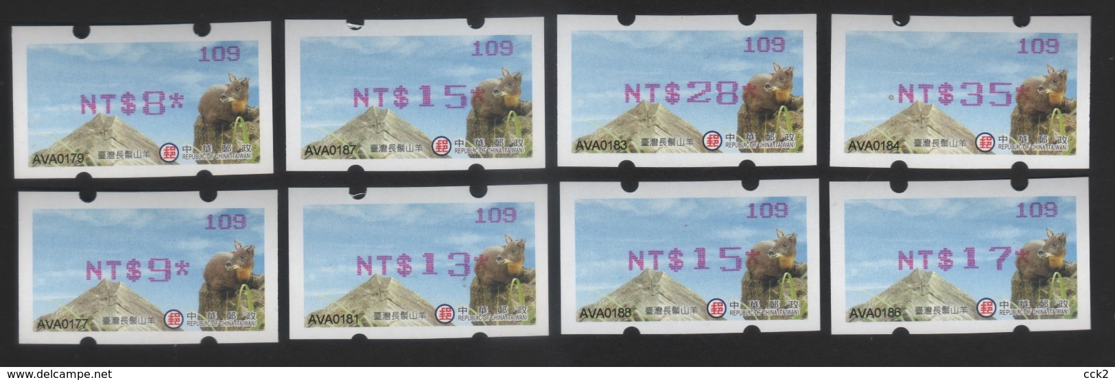 TAIWAN- ATM - ROCUPEX 2019 Taipei R.O.C.-Thailand Stamp Exhibition – Formosan Serow #109 Red (set Of Eight) - Timbres De Distributeurs [ATM]