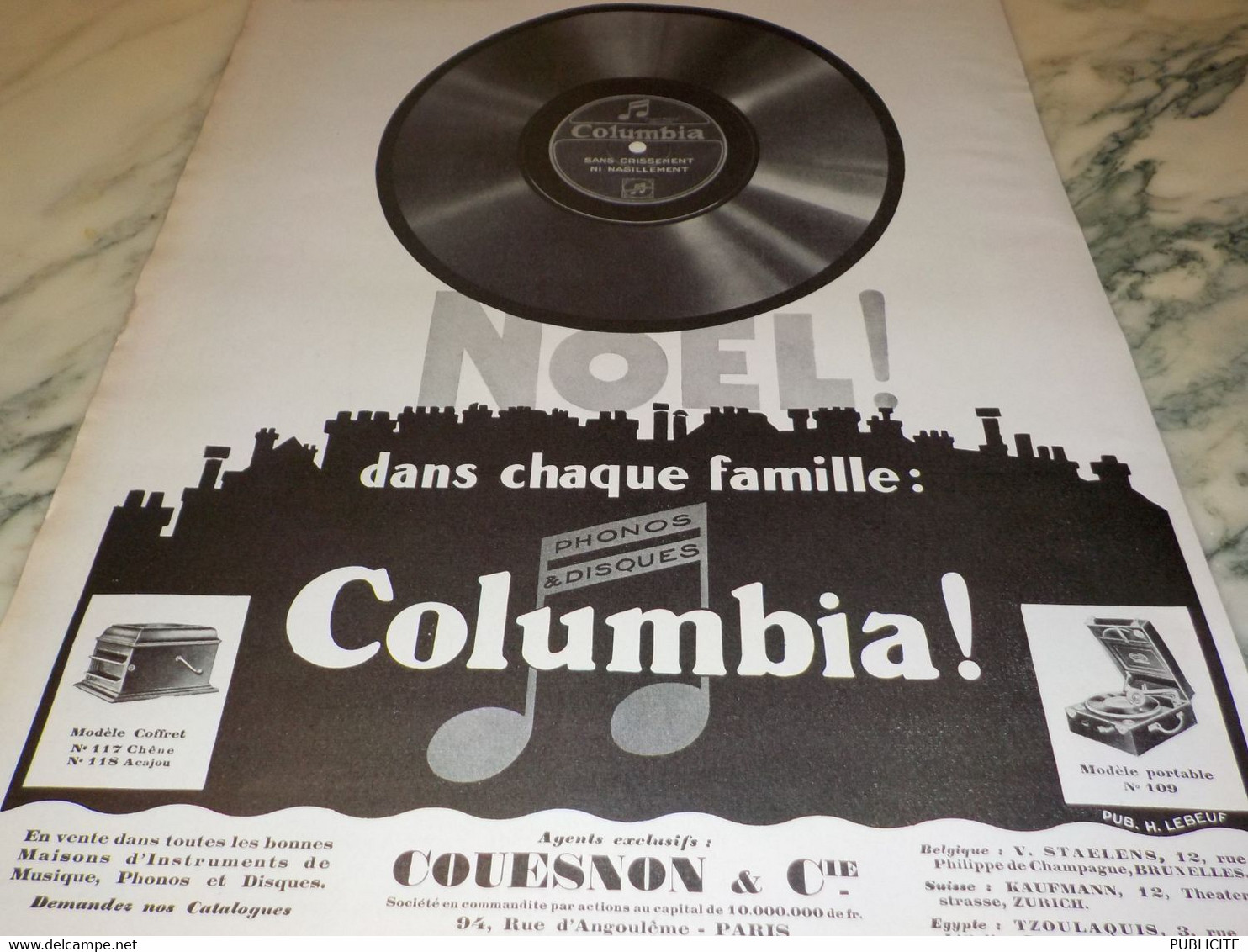 ANCIENNE PUBLICITE NOEL DANS CHAQUE FAMILLE AVEC PHONOS COLUMBIA  1927 - Other & Unclassified