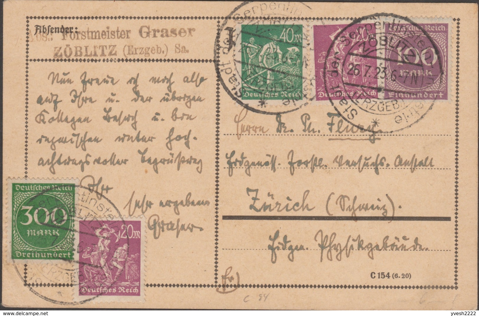 Allemagne 23/7/1923. Carte Affranchie 480 M De Zöblitz (Marienberg), Ville De La Serpentine, Pour La Suisse. - Minéraux