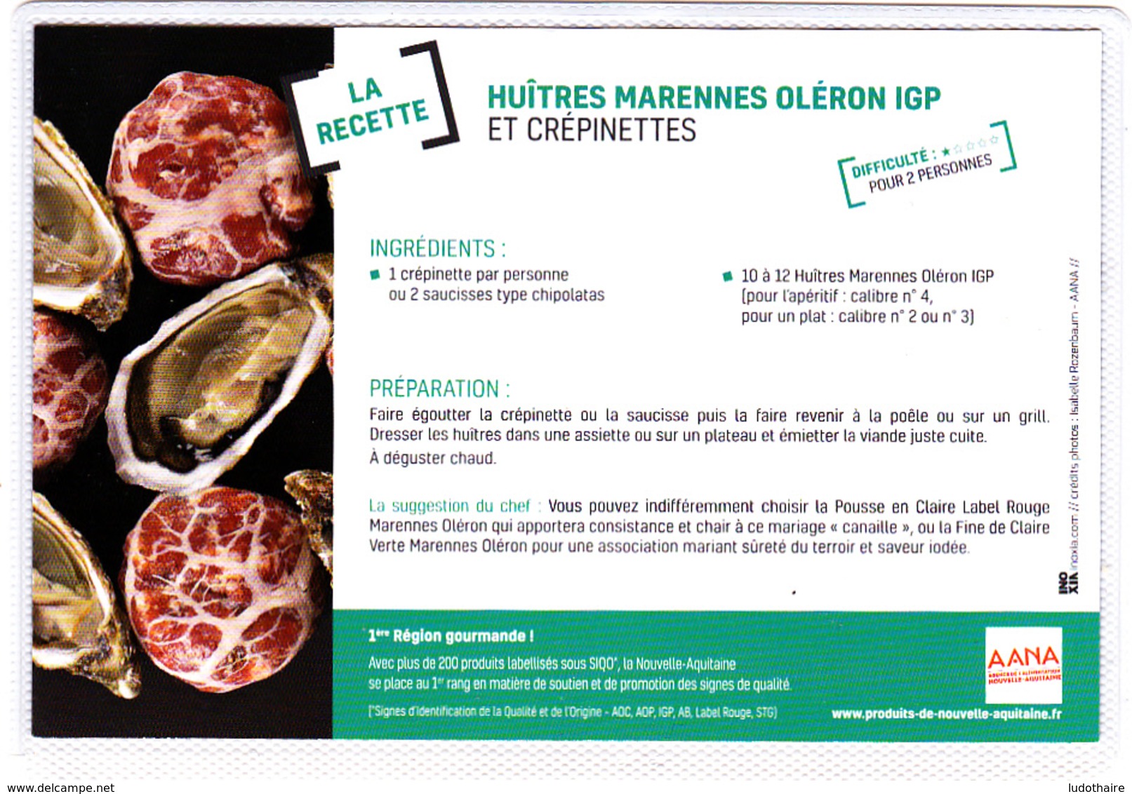 Carte (Dos Totalement Imprimé) Huîtres Marennes Oléron Et Crépinettes, Nouvelle-Aquitaine - Recettes (cuisine)