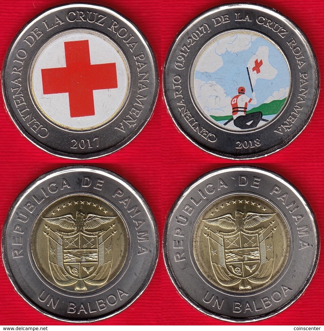 Panama Set Of 2 Coins: 1 Balboa 2017-2018 "Red Cross" Colored UNC - Panama