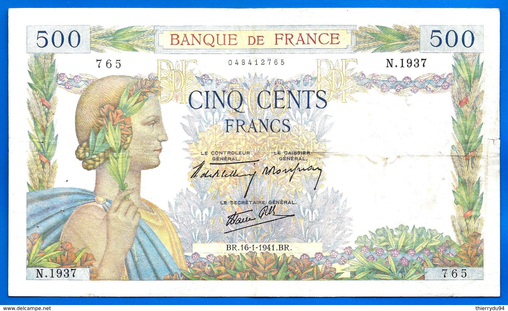 France 500 Francs 1941 16 Janivier La Paix Serie N 1937 Que Prix + Port Frcs Frc Europe Paypal Bitcoin OK - 500 F 1940-1944 ''La Paix''