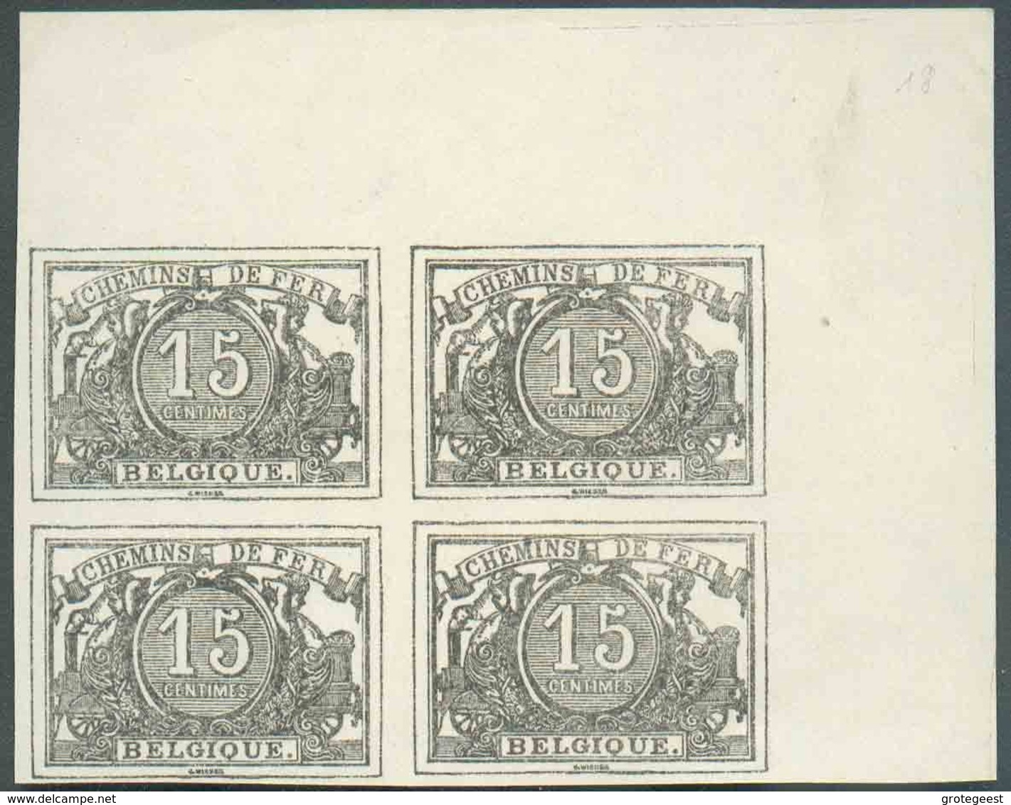 TR8, 15c épreuve De La Planche En Noir Sur Papier Blanc épais Parcheminé, En Bloc De 4 Coin De Feuille (Stes 0041, Indic - Proofs & Reprints
