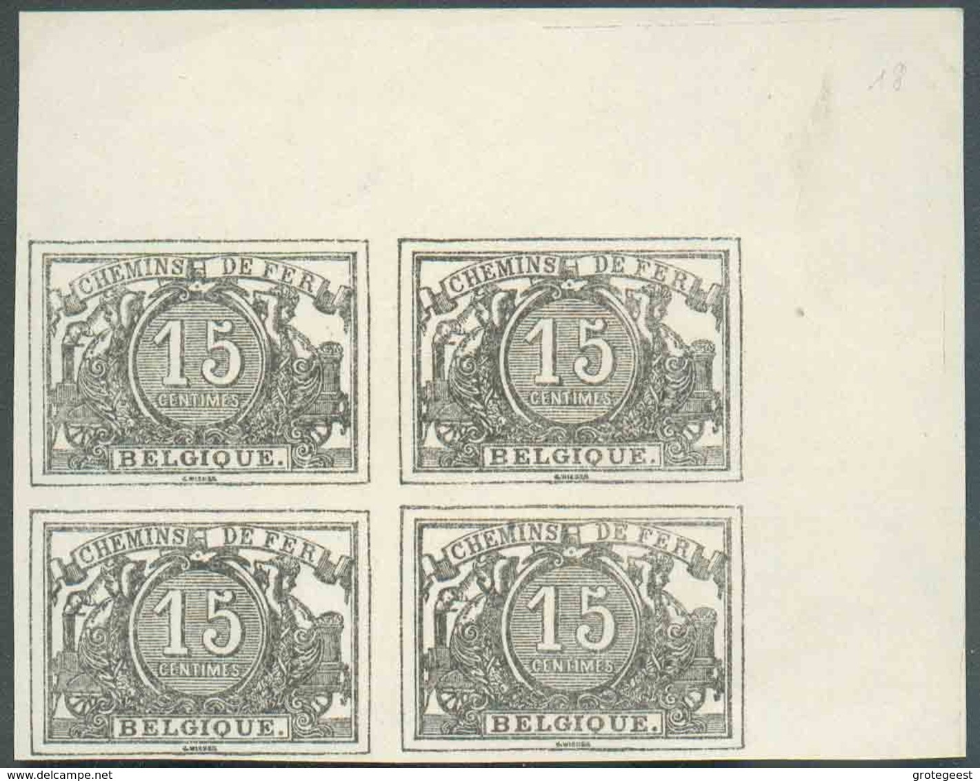 TR8, 15c épreuve De La Planche En Noir Sur Papier Blanc épais Parcheminé, En Bloc De 4 Coin De Feuille (Stes 0041, Indic - Essais & Réimpressions