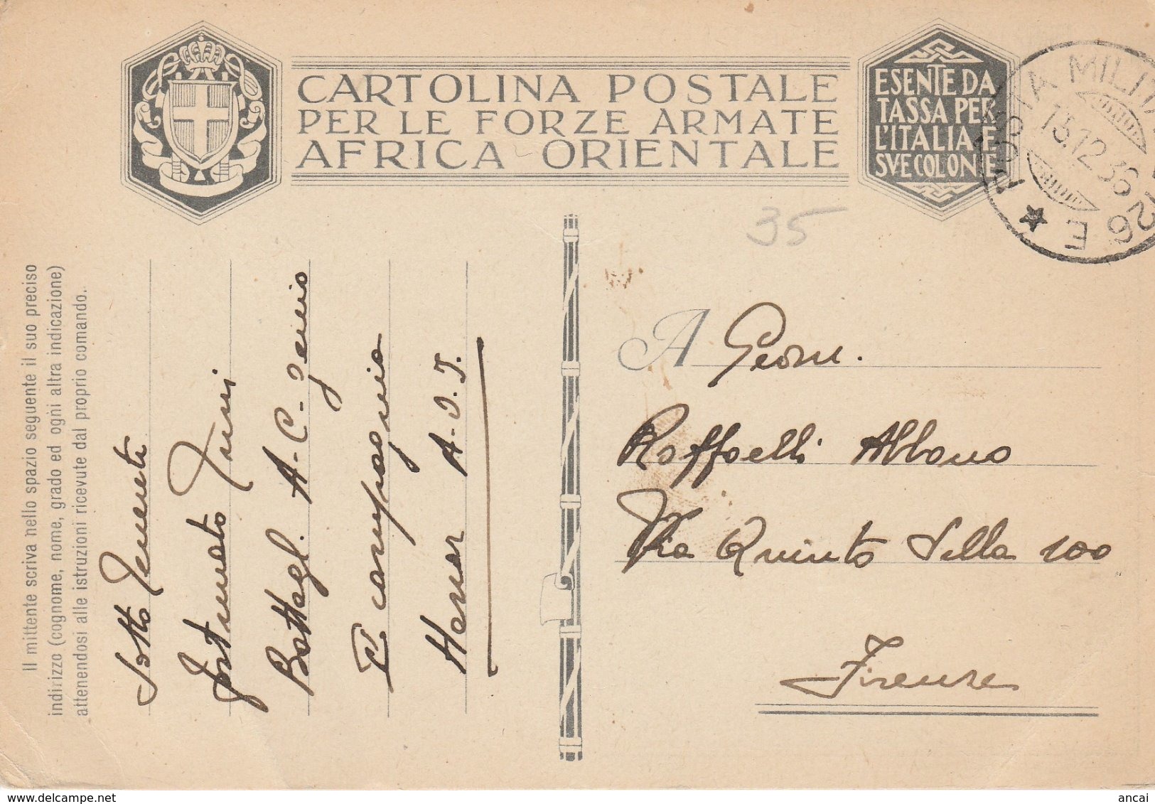 1937. Posta Militare 126 E. Cartolina Postale Per Le FORZE ARMATE AFRICA ORIENTALE - Documenti