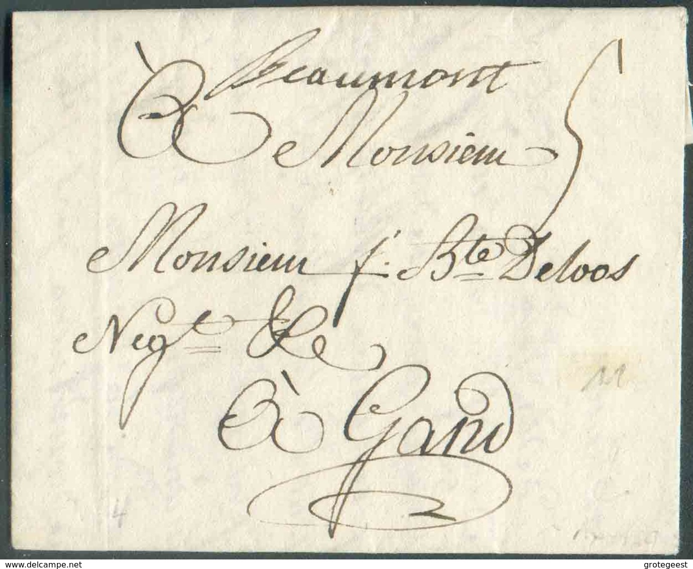 LAC De (manuscrit) Beaumont (H.4, C.19) Du 1/04/1788 Vers Gand; Port '5' Sols (encre). Splendide Marque Et Très Frais. - - 1714-1794 (Oesterreichische Niederlande)
