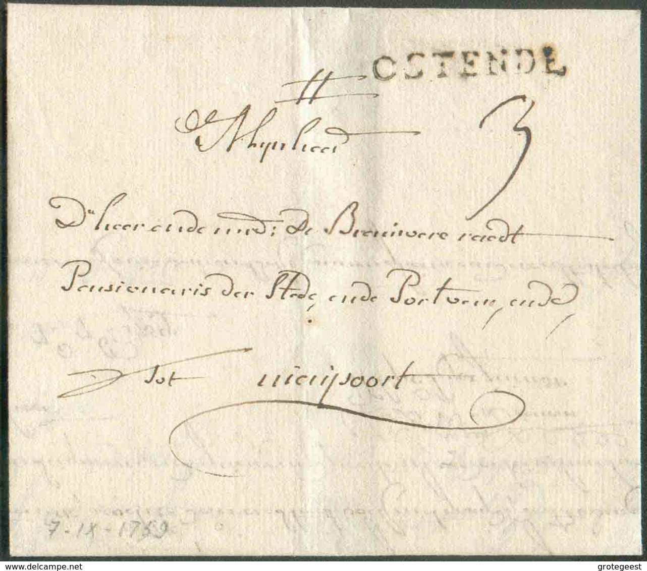 LAC D'OSTENDE Le 7 Sept. 1759 Vers Nieuport; Port '3' (encre). Belle Fraîcheur. - Superbe - 14586 - 1714-1794 (Oesterreichische Niederlande)