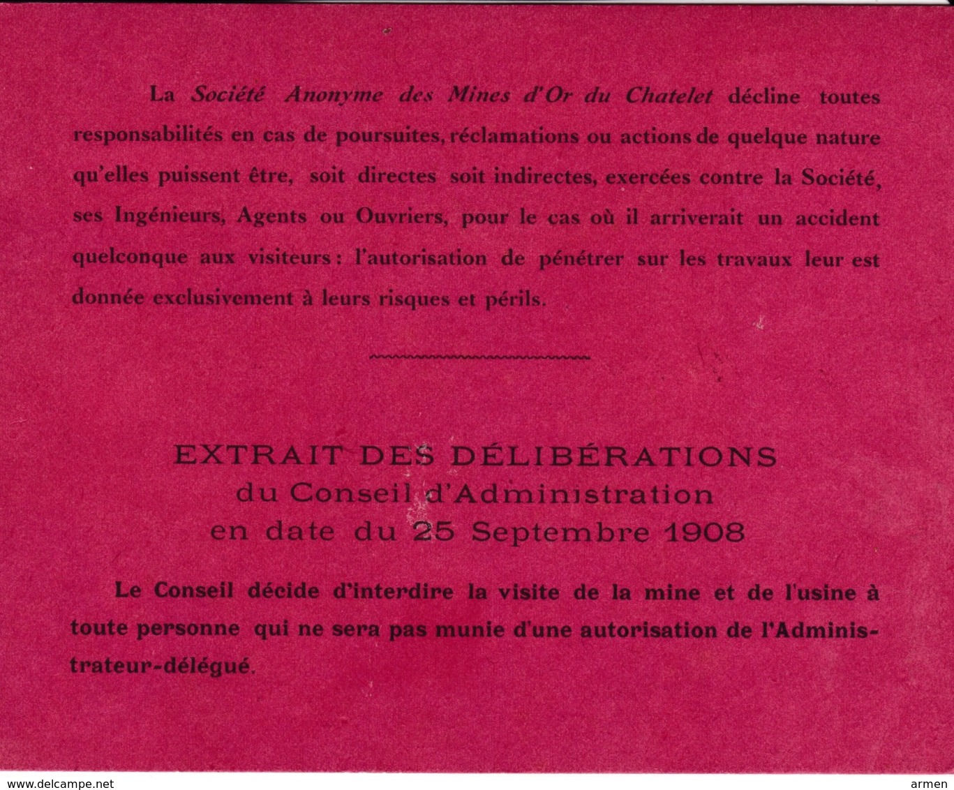 PERMIS DE VISITE- SOCIÉTÉ ANONYME DES MINES D'OR DU CHATELET - Autres & Non Classés