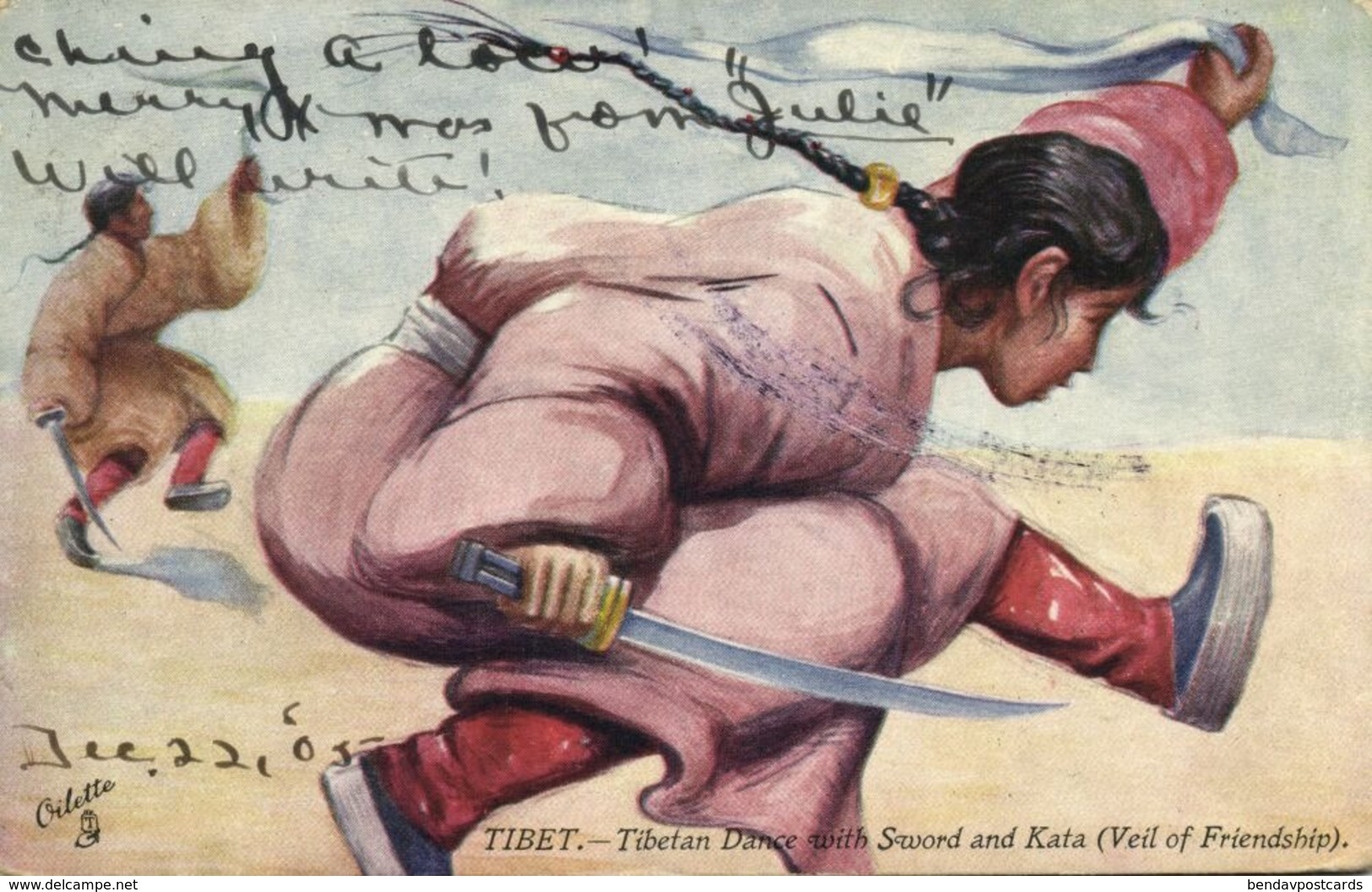 Tibet Thibet, Tibetan Dance With Sword And Kata (1905) Tuck Oilette Postcard - Tibet