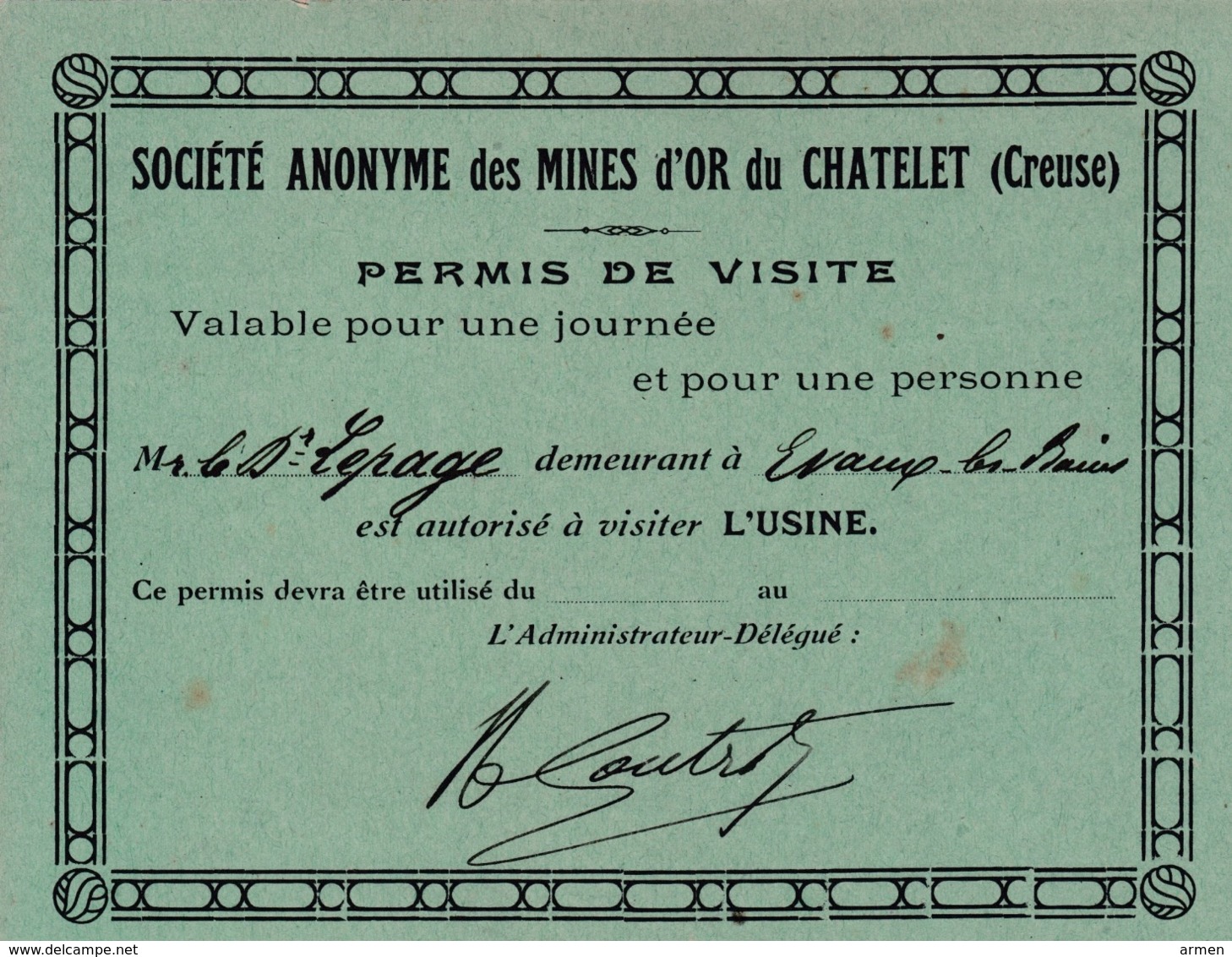 PERMIS DE VISITE- SOCIÉTÉ ANONYME DES MINES D'OR DU CHATELET - Autres & Non Classés