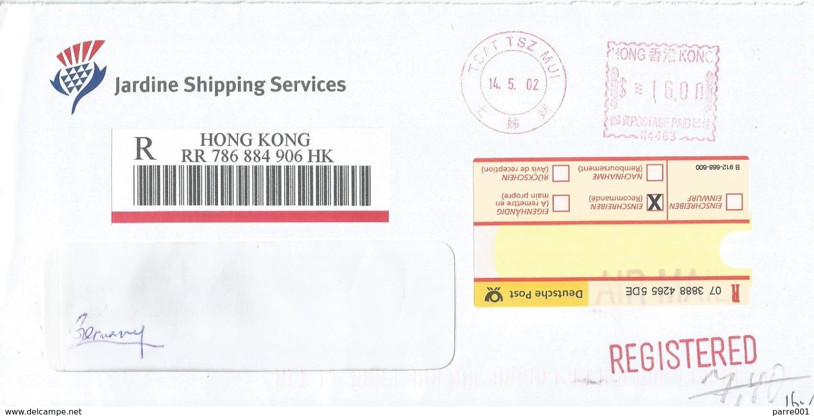 Hong Kong 2002 Tsta Tsz Mui Meter Neopost “Electronic” N4483 Shipping Registered Cover - Cartas & Documentos