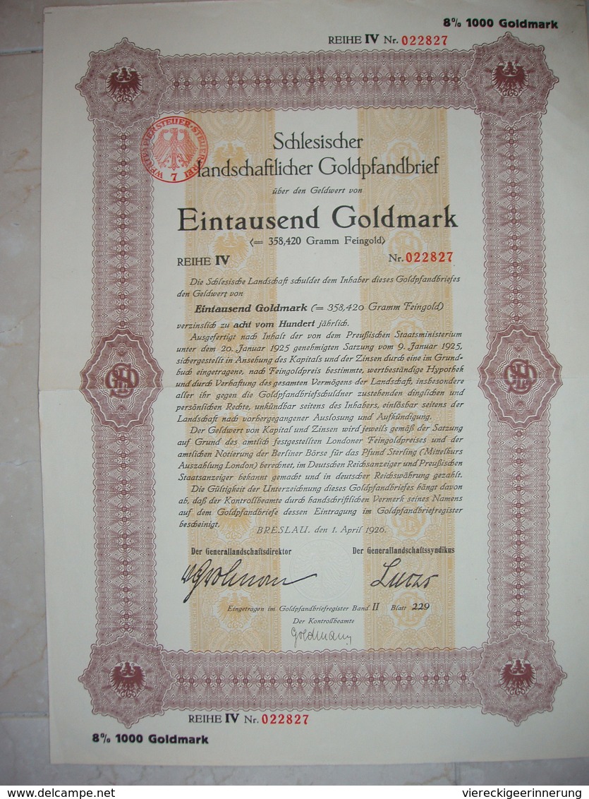 ! Breslau, 1.4.1926 Schlesische Landschaft, Goldpfandbrief 1000 Goldmark, 8% Zinsen, Bond, Emprunt - Sonstige & Ohne Zuordnung