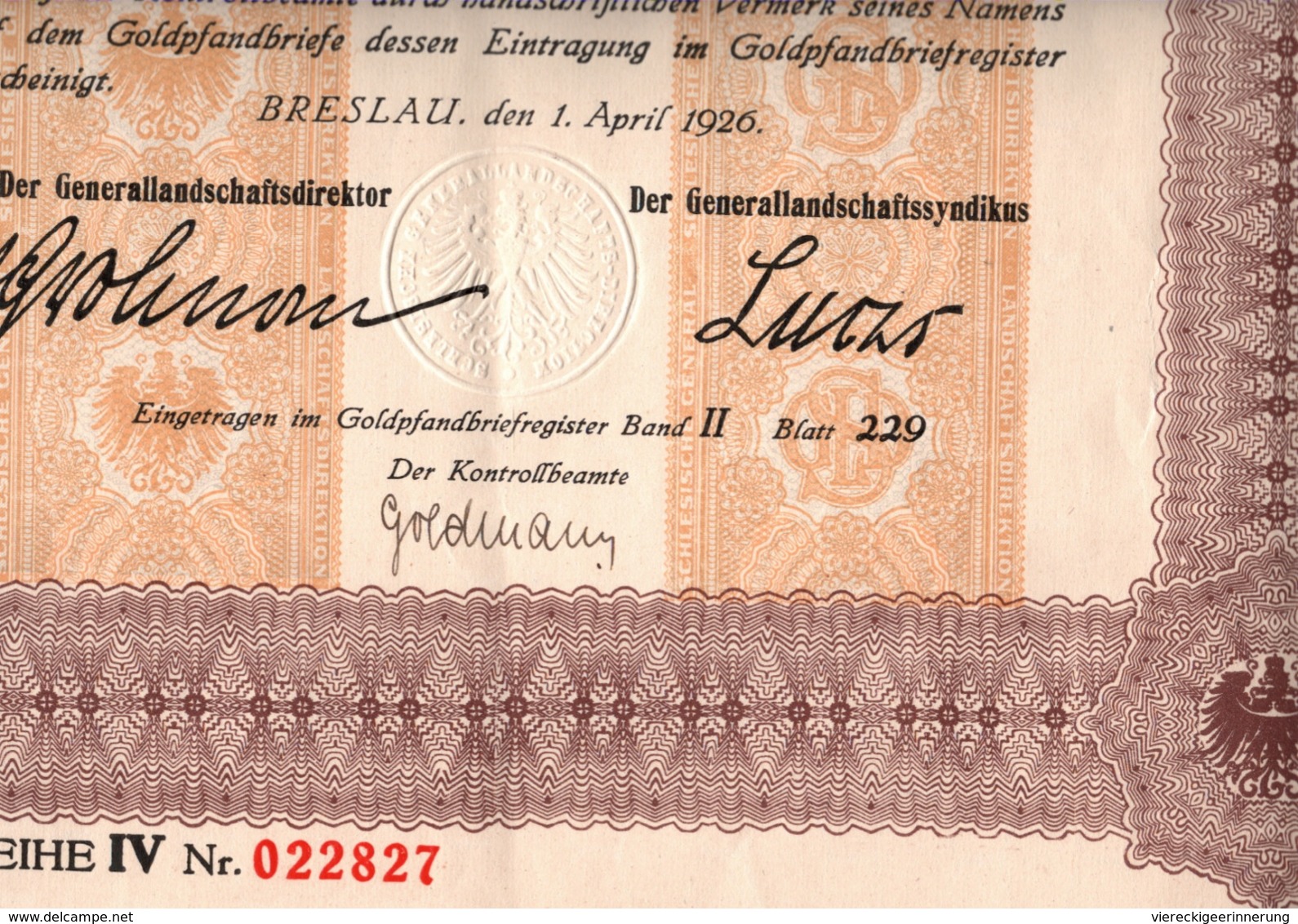 ! Breslau, 1.4.1926 Schlesische Landschaft, Goldpfandbrief 1000 Goldmark, 8% Zinsen, Bond, Emprunt - Sonstige & Ohne Zuordnung