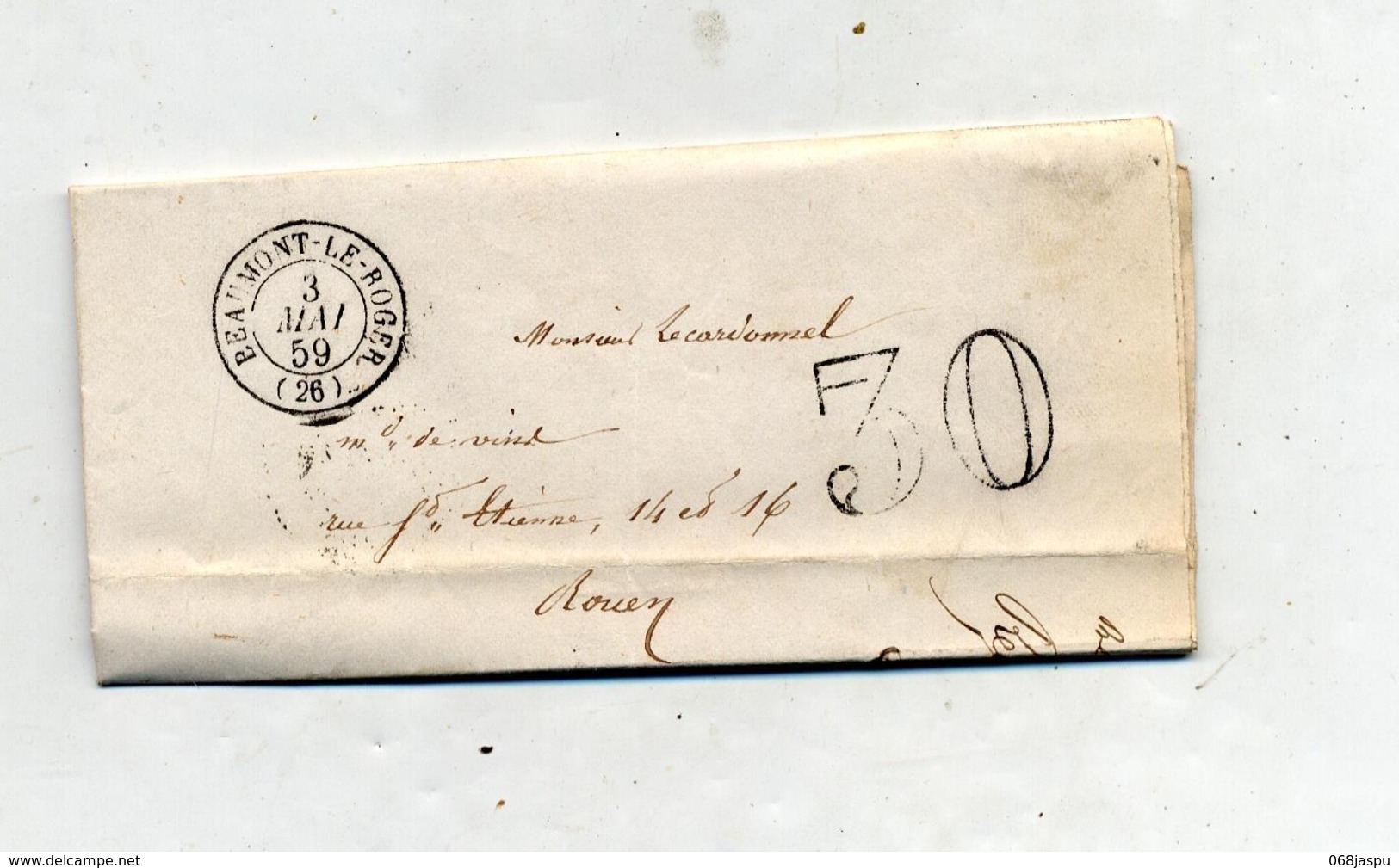 Lettre Cachet Beaumont Le Roger Payé 30 + Rouen - 1849-1876: Période Classique