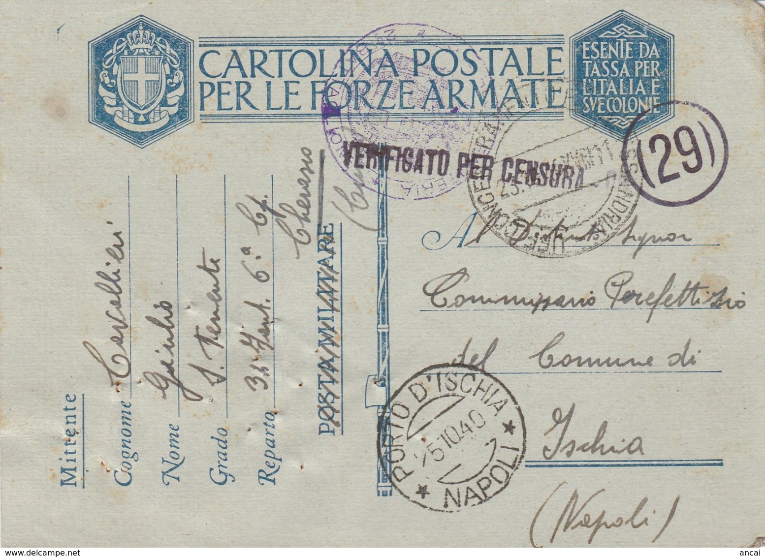 1940. Posta Militare Da Cerasco Ad Ischia. 34 ° FANTERIA. VERIFICATO PER CENSURA - Documenti