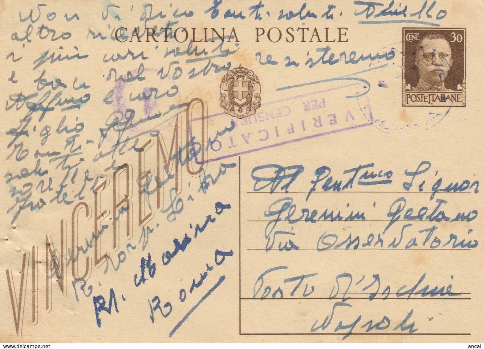 1943. Cartolina Postale RA MARINA ROMA. VERIFICATO PER CENSURA - Documentos