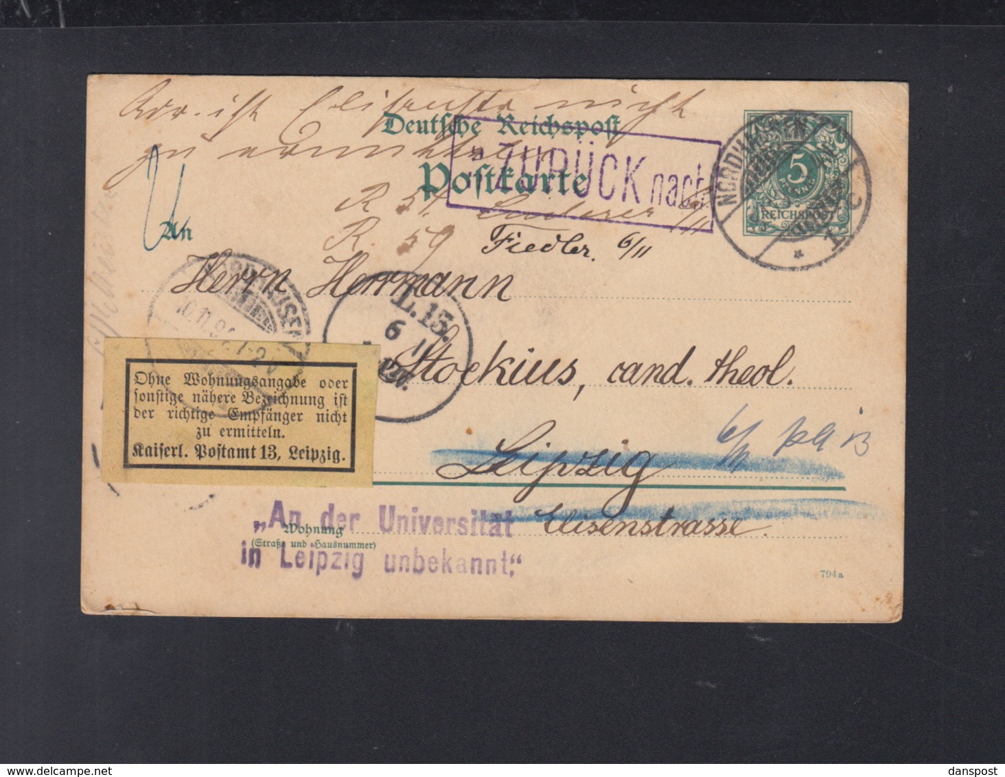 Dt. Reich GSK 1894 Nordhausen Nach Leipzig An Der Uni Unbekannt Retour - Covers & Documents