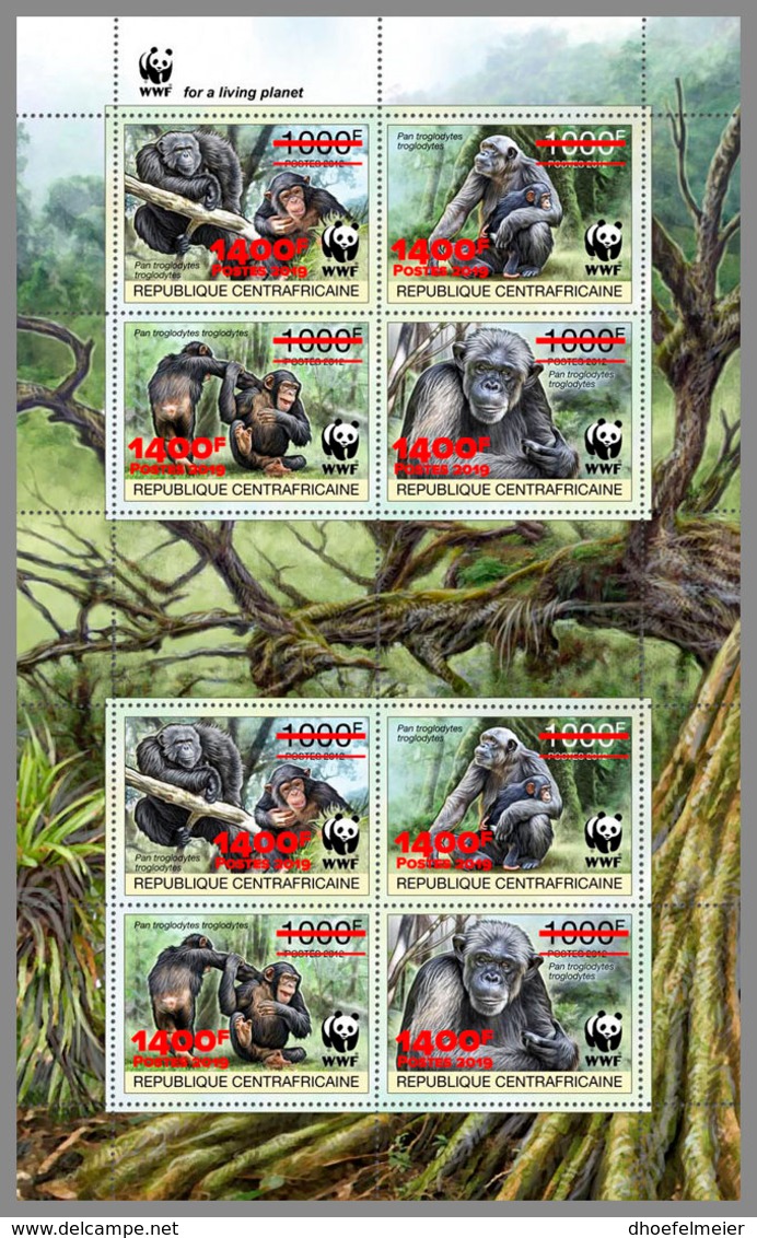 CENTRALAFRICA 2019 MNH WWF Overprint Chimpanzee Schimpanse Chimpanze RED FOIL M/S II - OFFICIAL ISSUE - DH1935 - Monkeys