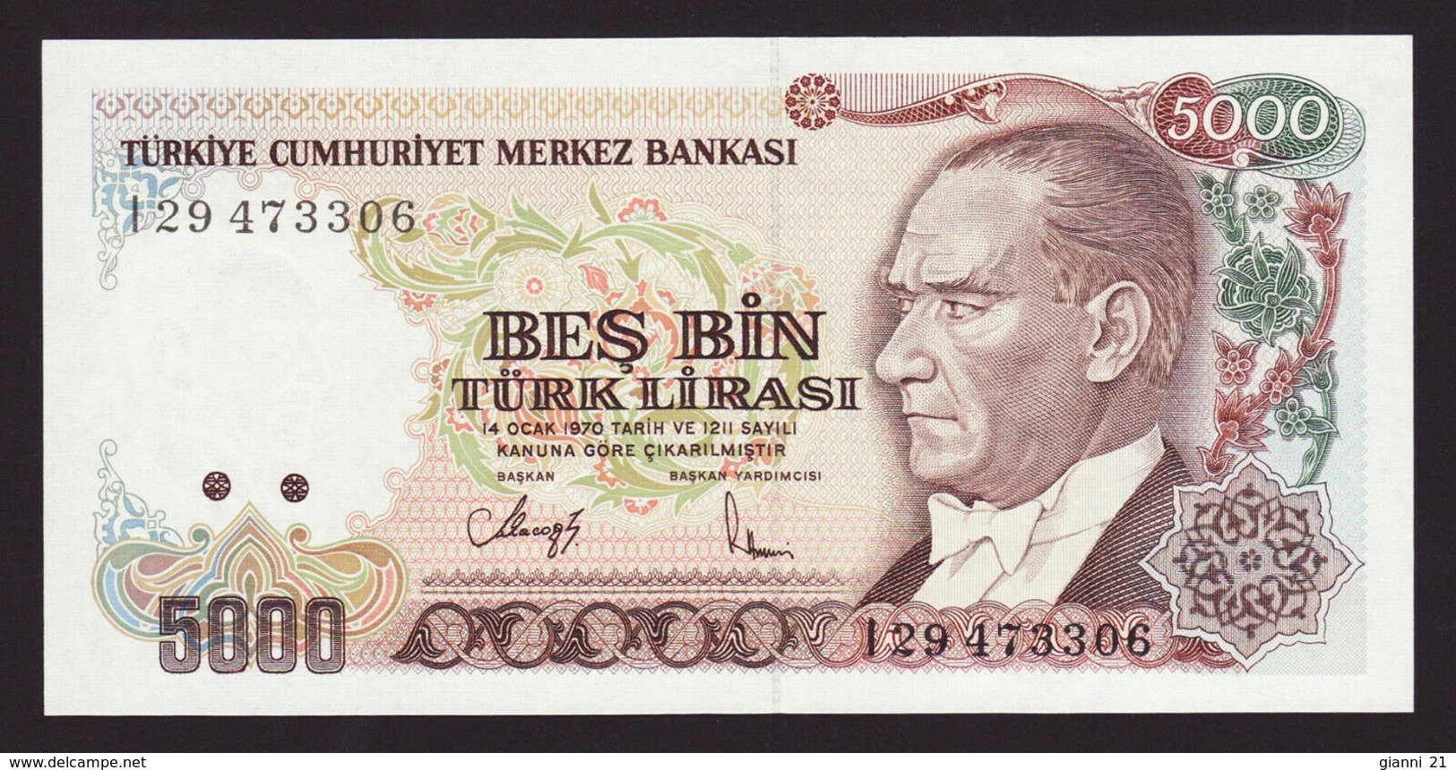 TURKEY - 5.000 Lira L.1970 {Türkiye Cumhuriyet Merkez Bankası} UNC P.198 - Türkei