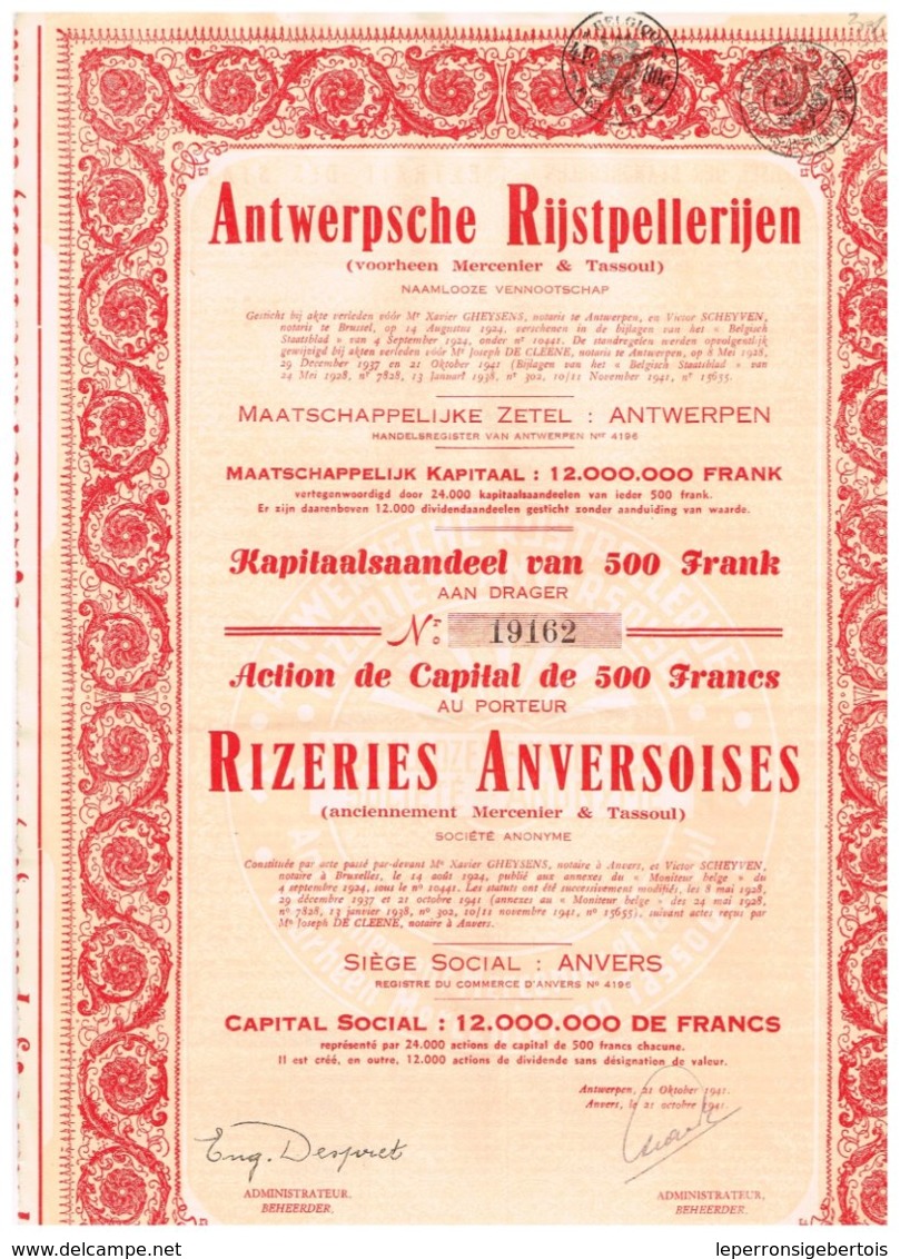 Titre Ancien - Antwerpse Rijstpellerijen -Rizeries Anversoises - Voorheen/anciennement Mercier & Tassoul -Titre De 1941- - Industrie