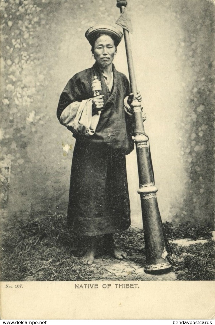 Tibet Thibet, Native Man With Praying Wheel And Tibetan Horn (1899) Postcard - Tibet