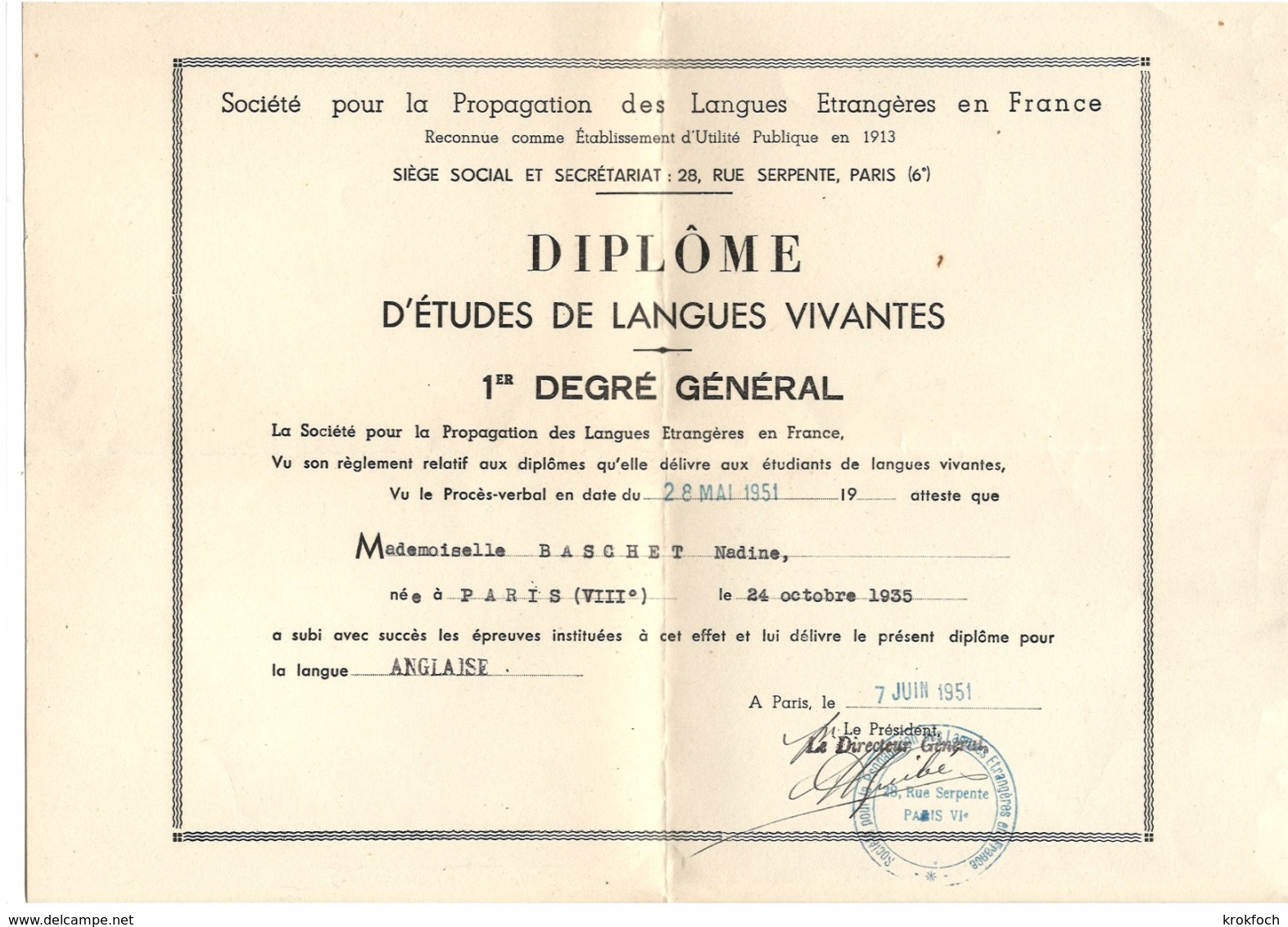 Diplôme études Langues Vivantes - Société Pour Propagation Langues étrangères En France - 1951 - Diplômes & Bulletins Scolaires