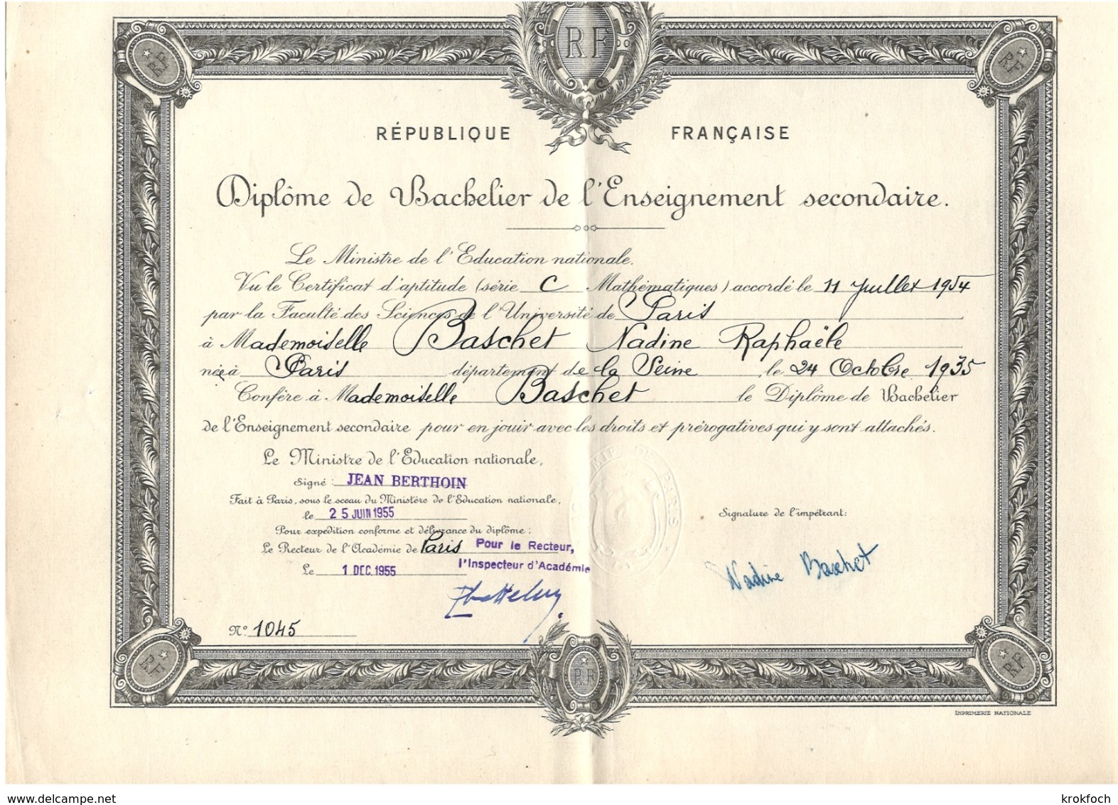 Diplôme Bachelier Bac - Paris 1955 - 24 X 32 Cm - Diplômes & Bulletins Scolaires