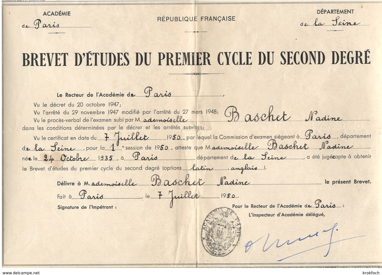 Diplôme BEPC Brevet D'études - Paris 1950 - 36 X 26 Cm - Diplômes & Bulletins Scolaires