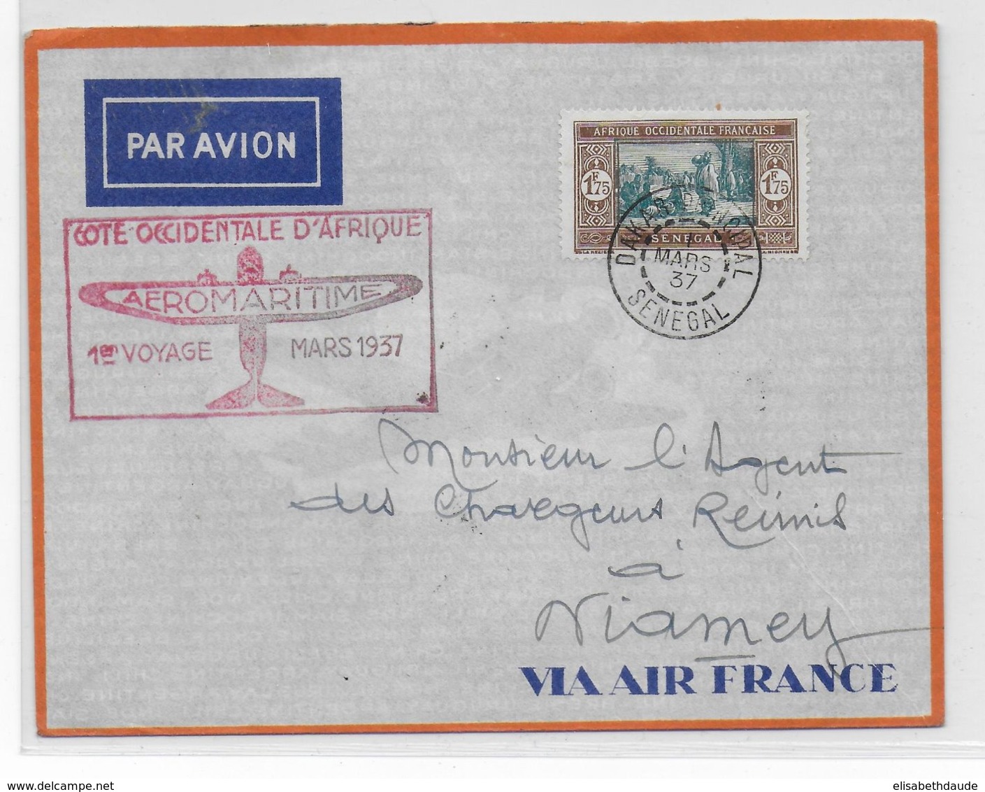 1937 - SENEGAL - ENVELOPPE PREMIER VOYAGE AEROMARITIME COTE OCCIDENTALE D'AFRIQUE De DAKAR => NIAMEY (NIGER) - Briefe U. Dokumente