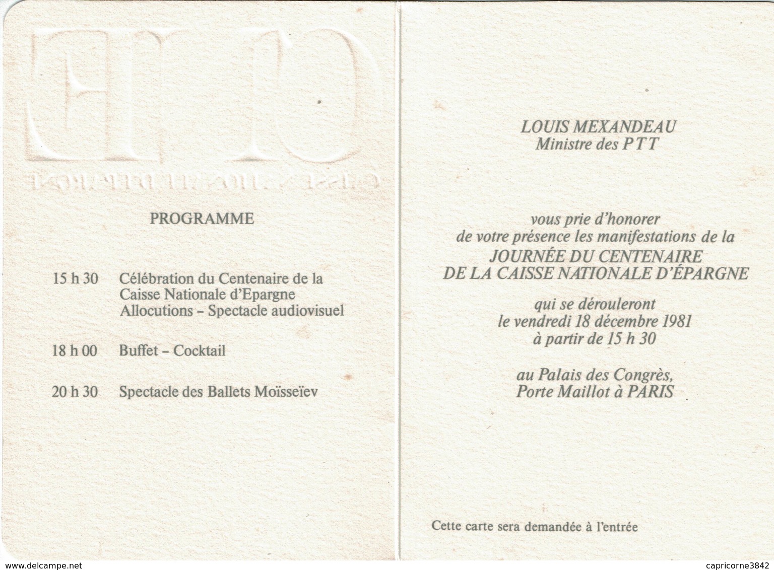 1981 - Centenaire De La Caisse D'Epargne - Tp 2165 - Carte Invitation De Mr MEXANDEAU Ministre Des PTT Pour Célébration - Cachets Provisoires
