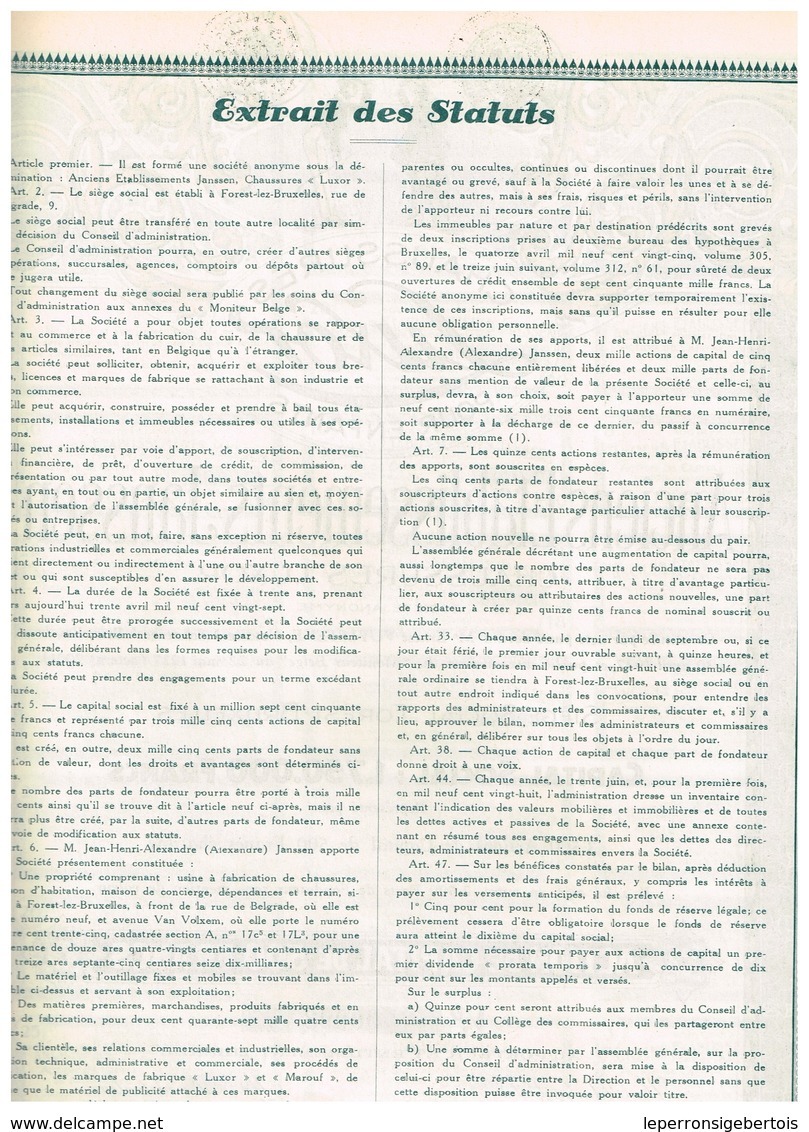 Titre Ancien - Anciens Etablissements Janssen - Chaussures Luxor - Titre De 1927 -  N° 00094 - Déco - Autres & Non Classés