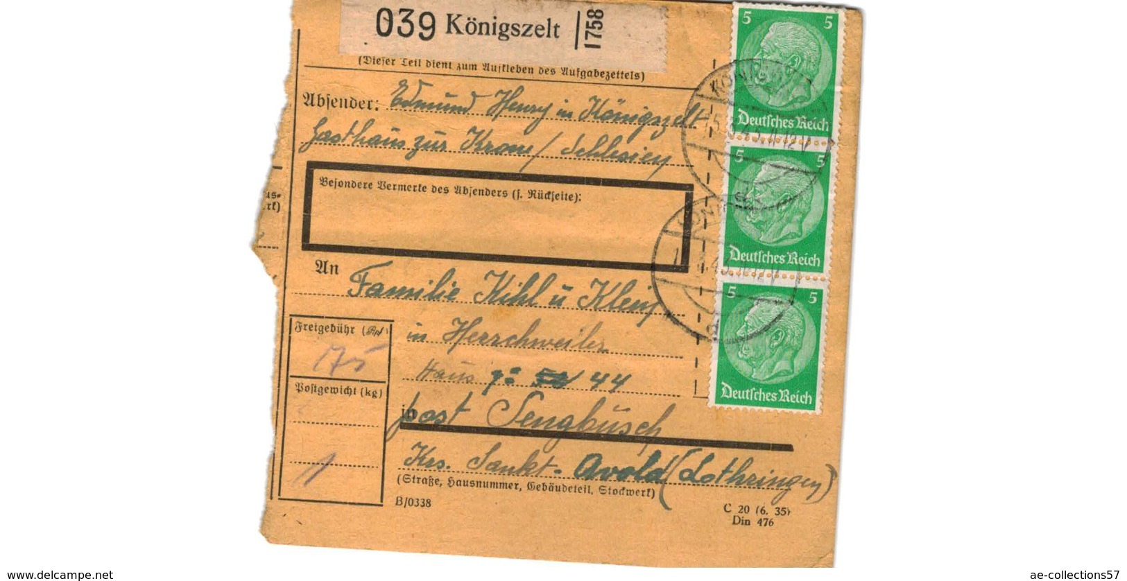 Allemagne  - Colis Postal  - Départ  Königszelt    -   Pour Sengbüsch ( Seingbouse ) - Covers & Documents
