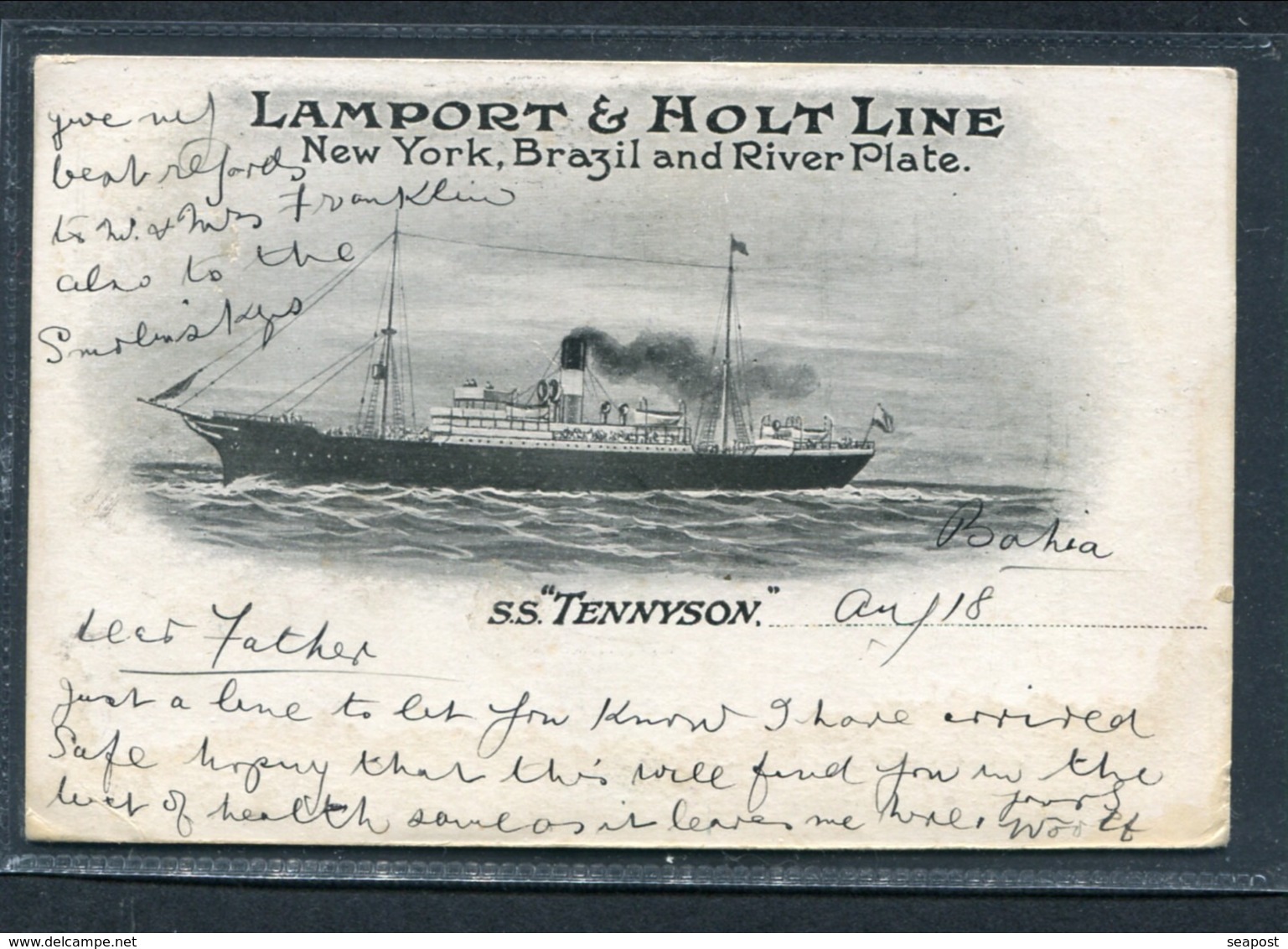 1910 POSTED BAHIA TO PARIS -- LAMPORT & HOLT LINE "TENNYSON" - Piroscafi