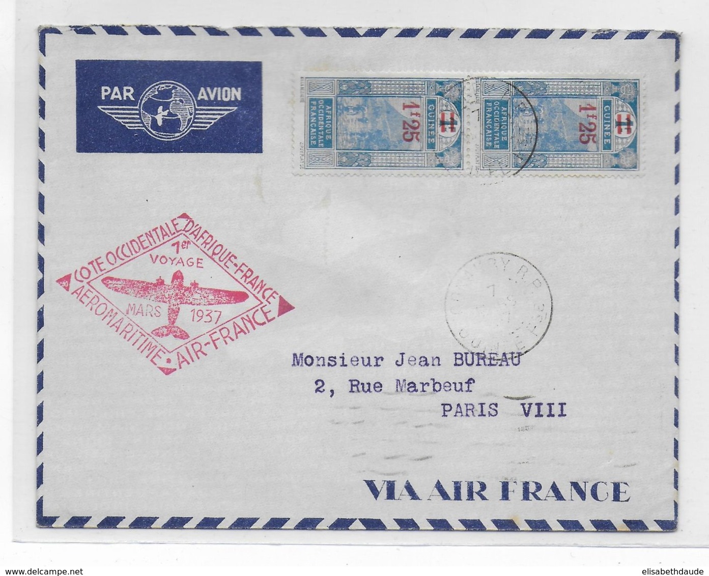 1937 - GUINEE - ENVELOPPE 1° VOYAGE AEROMARITIME COTE OCCIDENTALE D'AFRIQUE AIR FRANCE De CONAKRY => PARIS - Briefe U. Dokumente